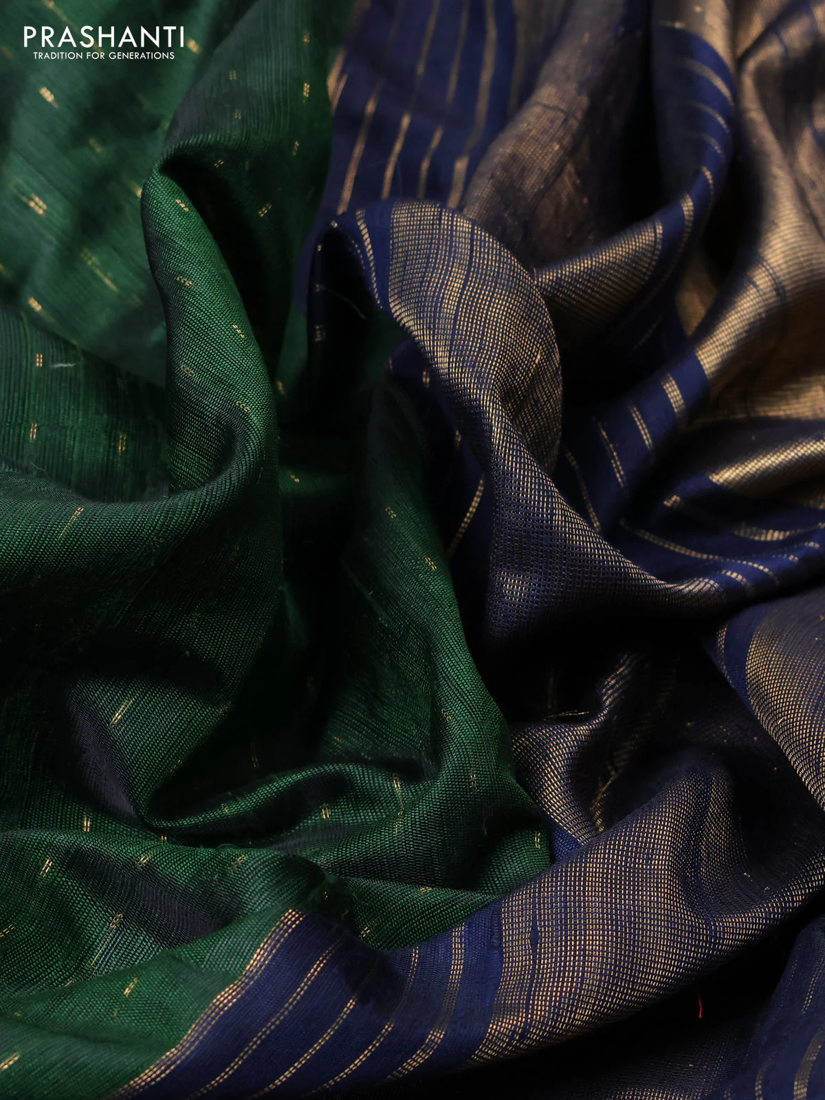 Pure dupion silk saree sap green and navy blue with allover zari woven buttas and temple design embroidery border - Image 3