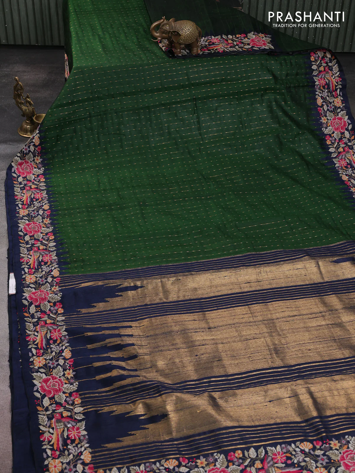 Pure dupion silk saree sap green and navy blue with allover zari woven buttas and zari woven embroidery border - Image 2