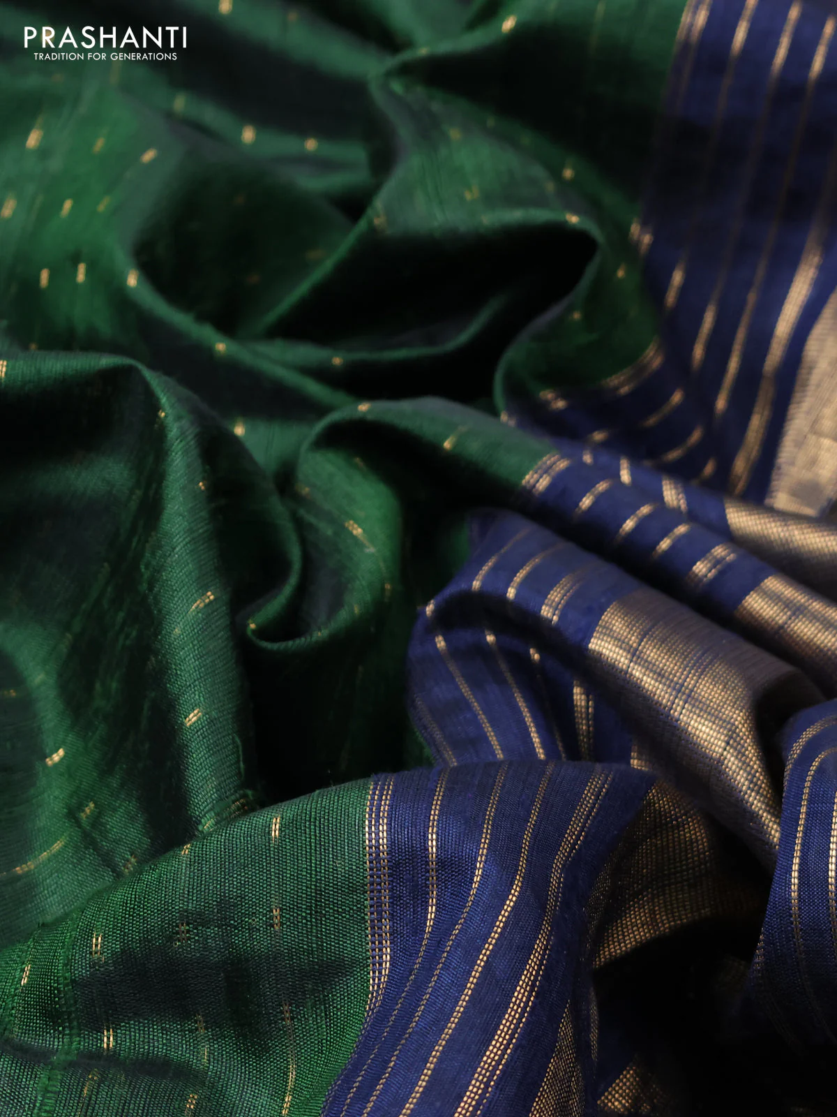 Pure dupion silk saree sap green and navy blue with allover zari woven buttas and zari woven embroidery border - Image 3