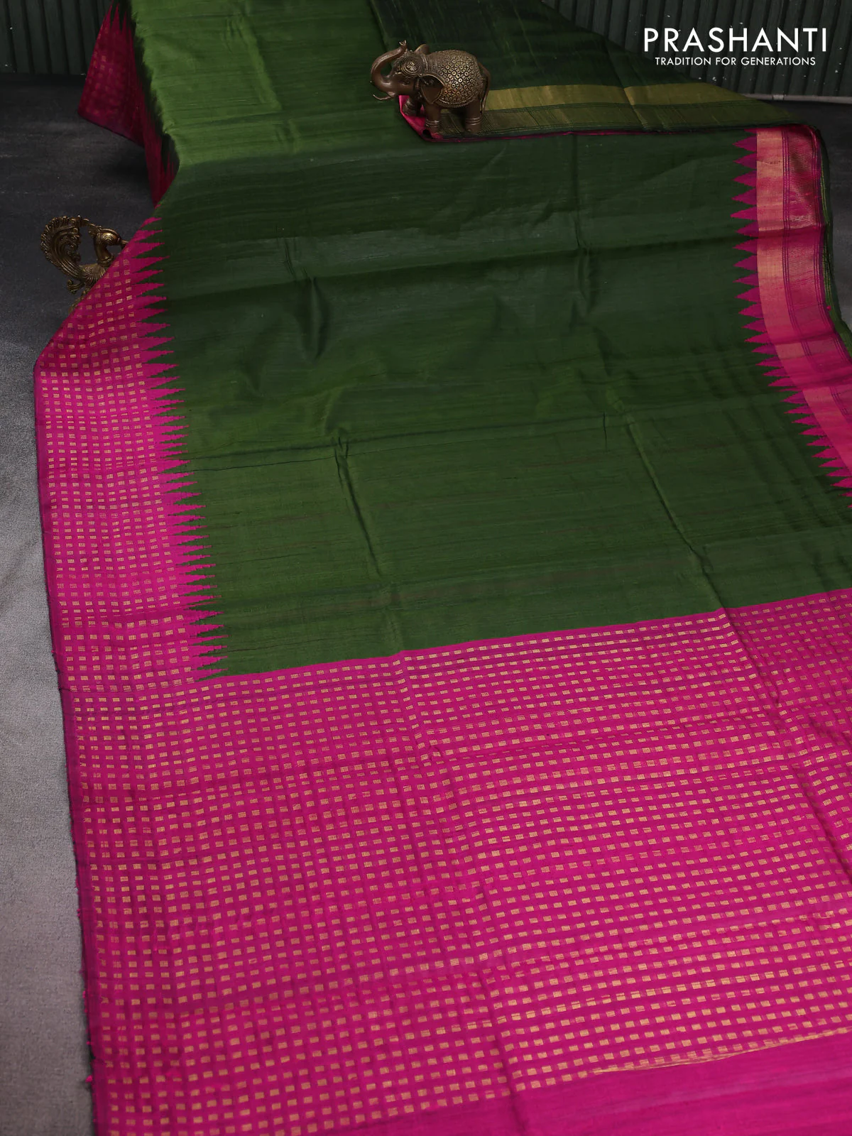 Pure dupion silk saree sap green and pink with plain body and temple design zari woven border - Image 2