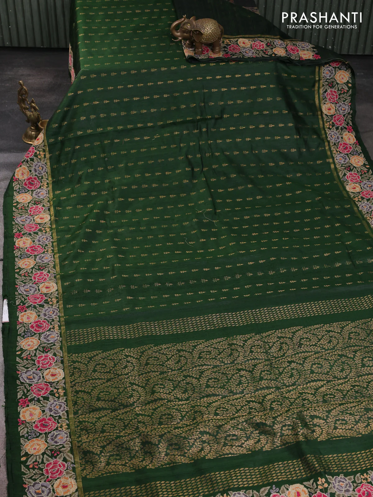 Pure dupion silk saree sap green with allover zari woven buttas and zari woven floral embroidery border - Image 2