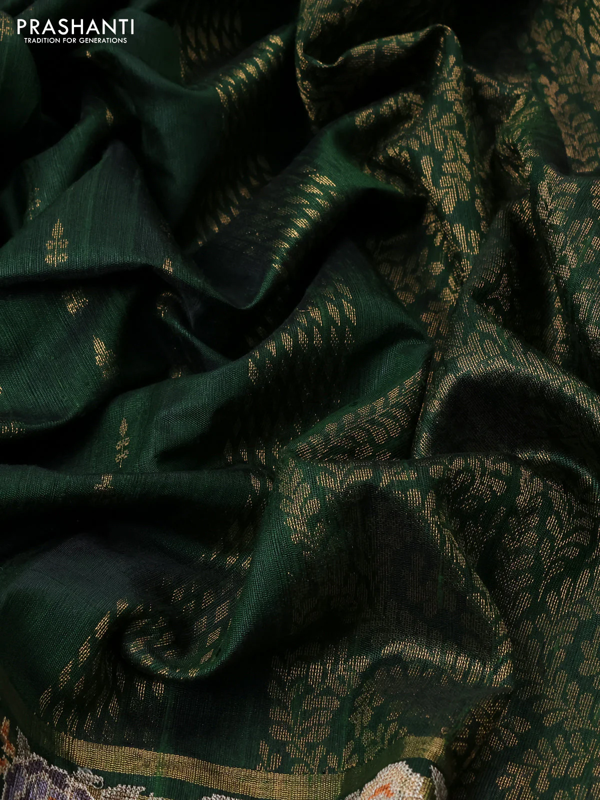 Pure dupion silk saree sap green with allover zari woven buttas and zari woven floral embroidery border - Image 3
