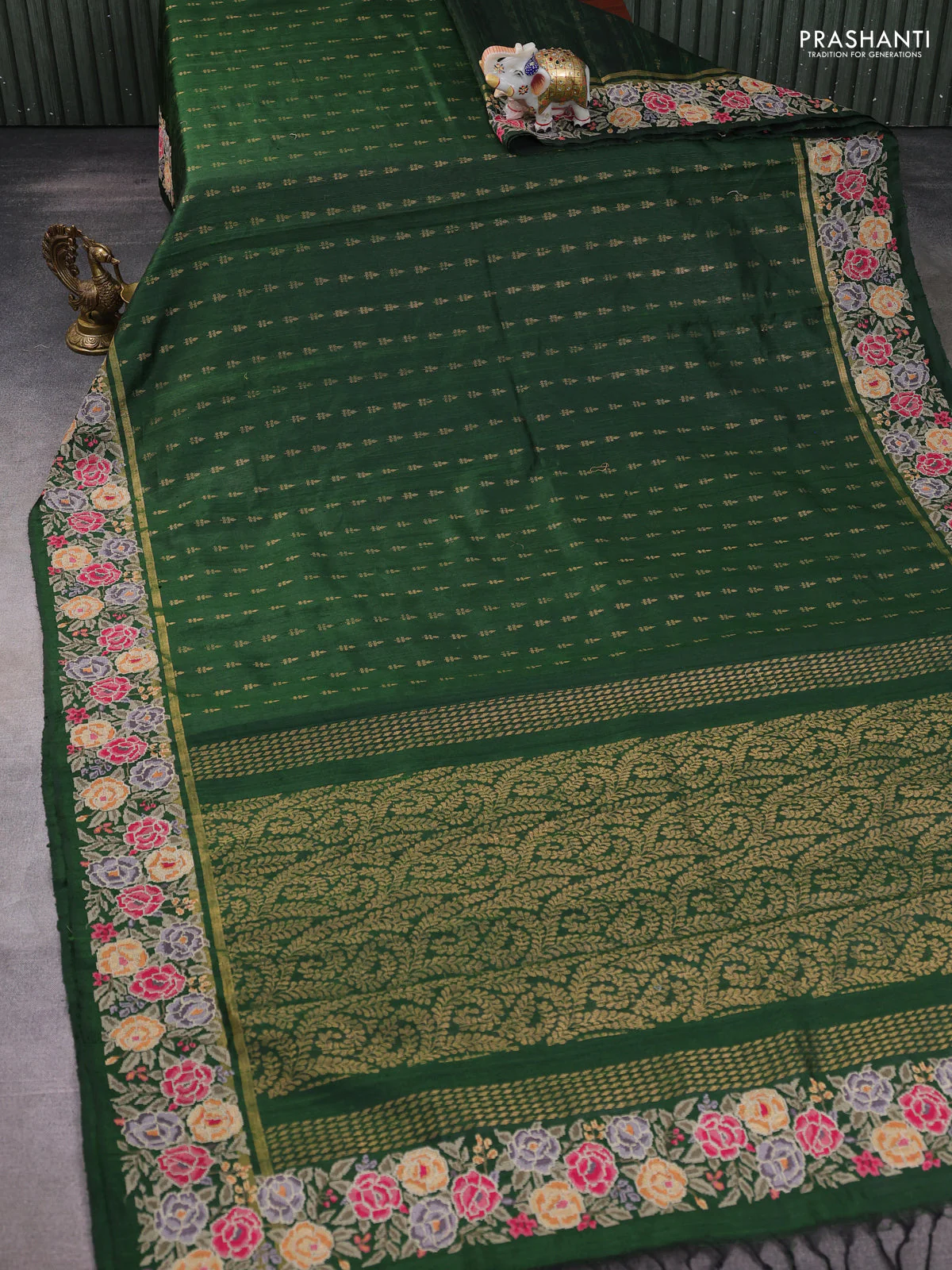 Pure dupion silk saree sap green with allover zari woven buttas and zari woven floral embroidery border - Image 2