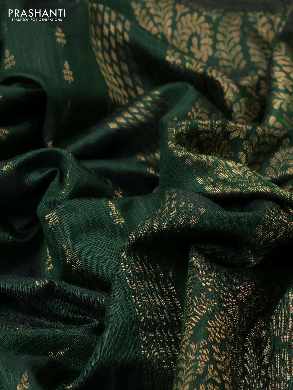 Pure dupion silk saree sap green with allover zari woven buttas and zari woven floral embroidery border - Image 3