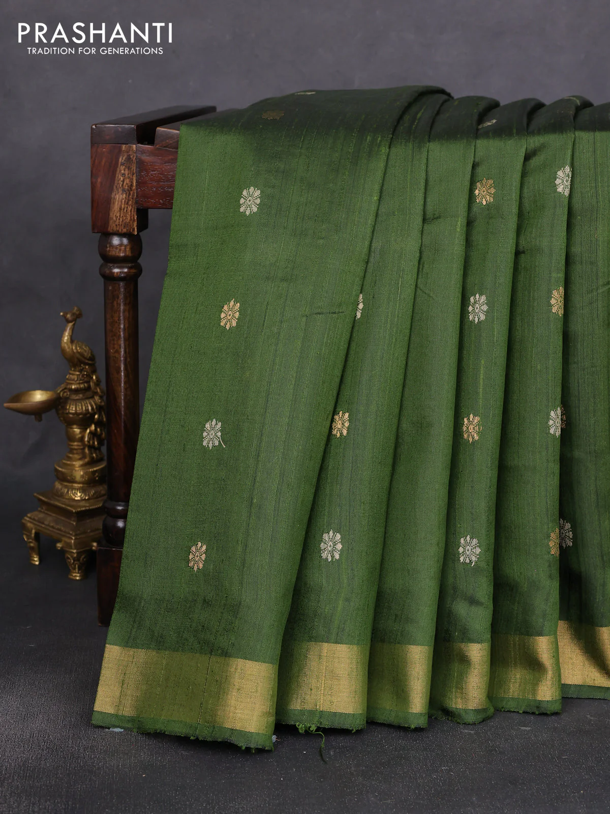 Pure dupion silk saree sap green with thread & zari woven buttas and zari woven border