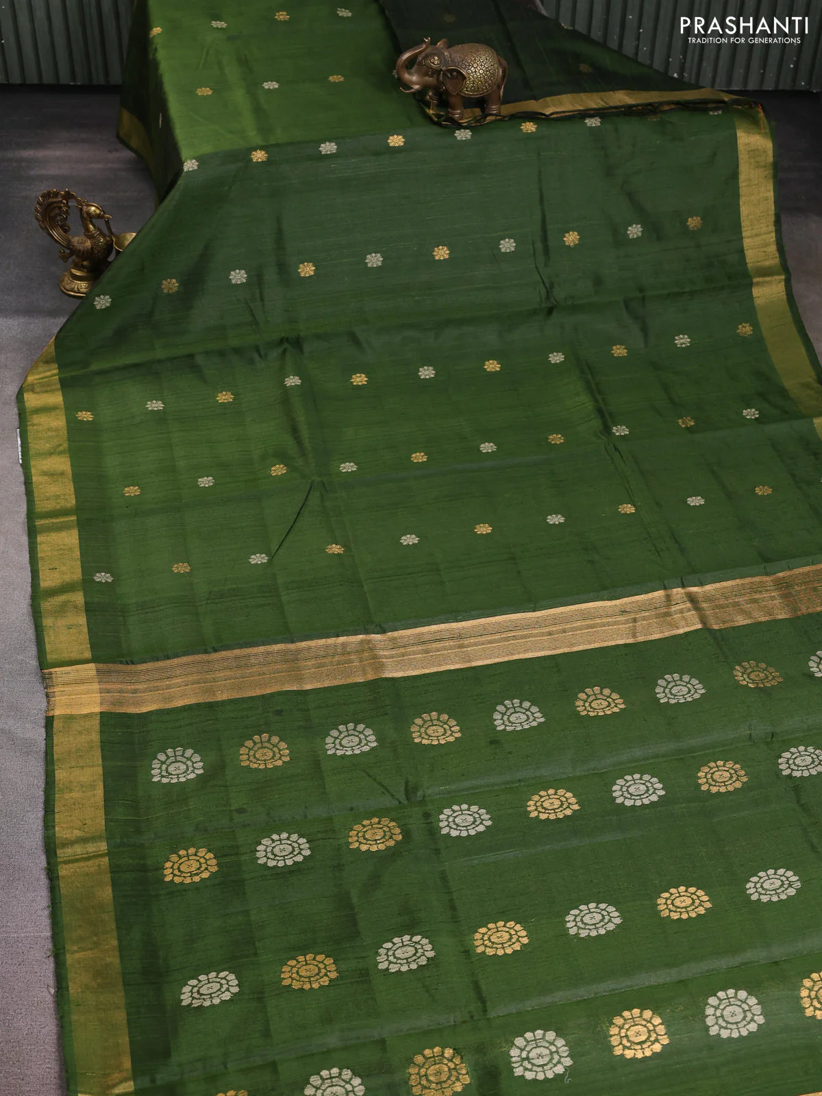 Pure dupion silk saree sap green with thread & zari woven buttas and zari woven border - Image 2