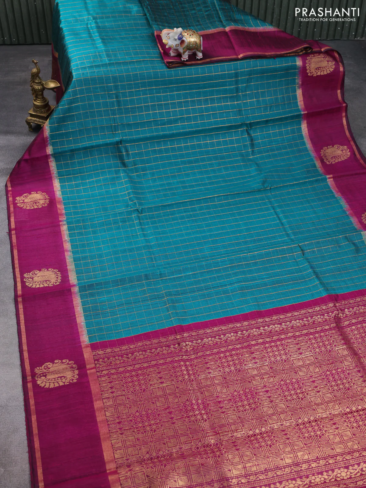 Pure dupion silk saree teal green and magenta pink with allover zari woven checked pattern and zari woven butta border - Image 2