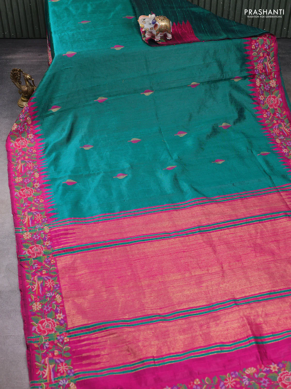 Pure dupion silk saree teal green and magenta pink with thread & zari woven leaf buttas and temple design embroidery border - Image 2