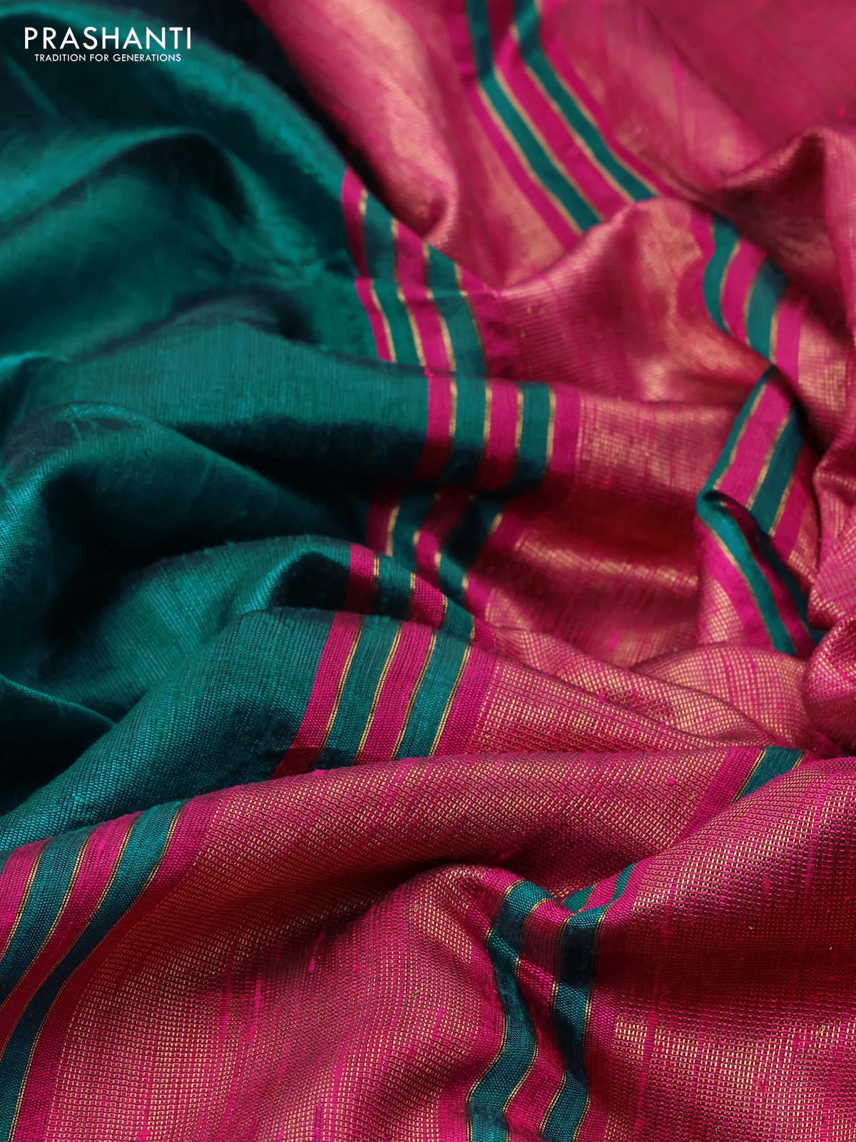 Pure dupion silk saree teal green and magenta pink with thread & zari woven leaf buttas and temple design embroidery border - Image 3