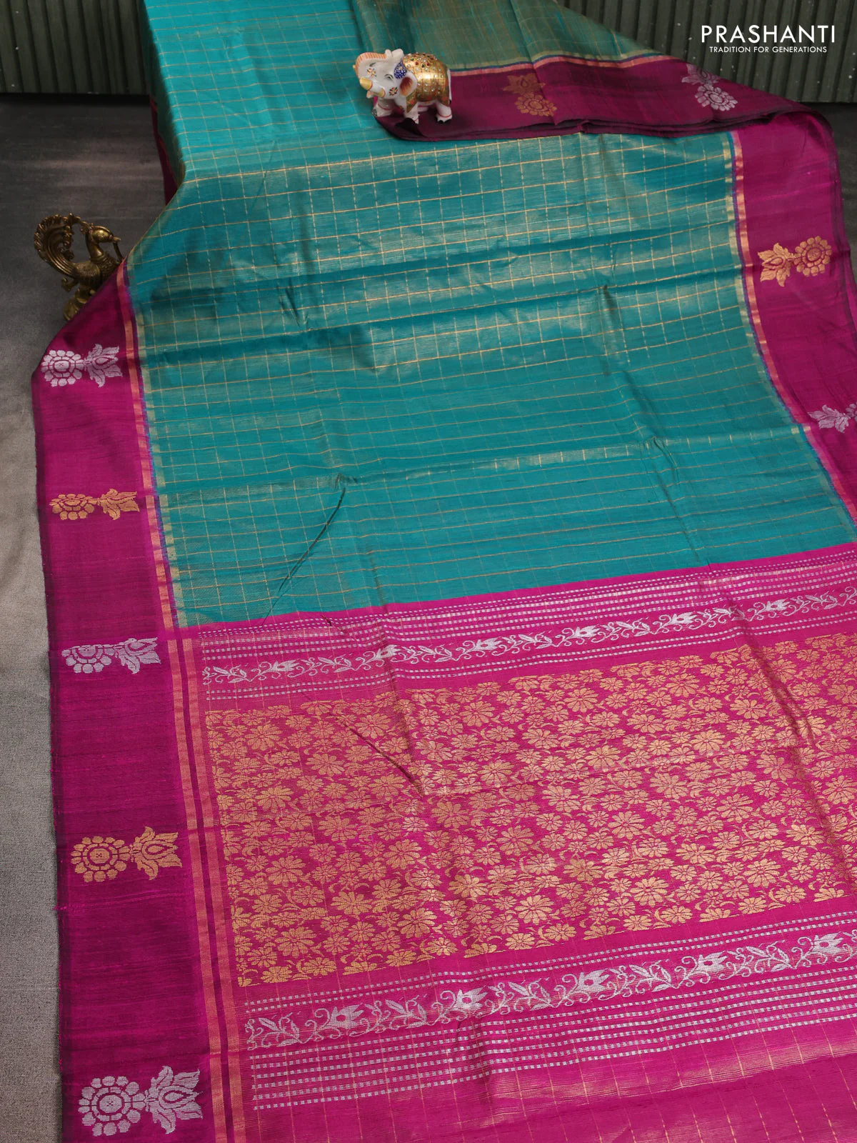 Pure dupion silk saree teal green and pink with allover zari woven checked pattern and silver & zari woven butta border - Image 2