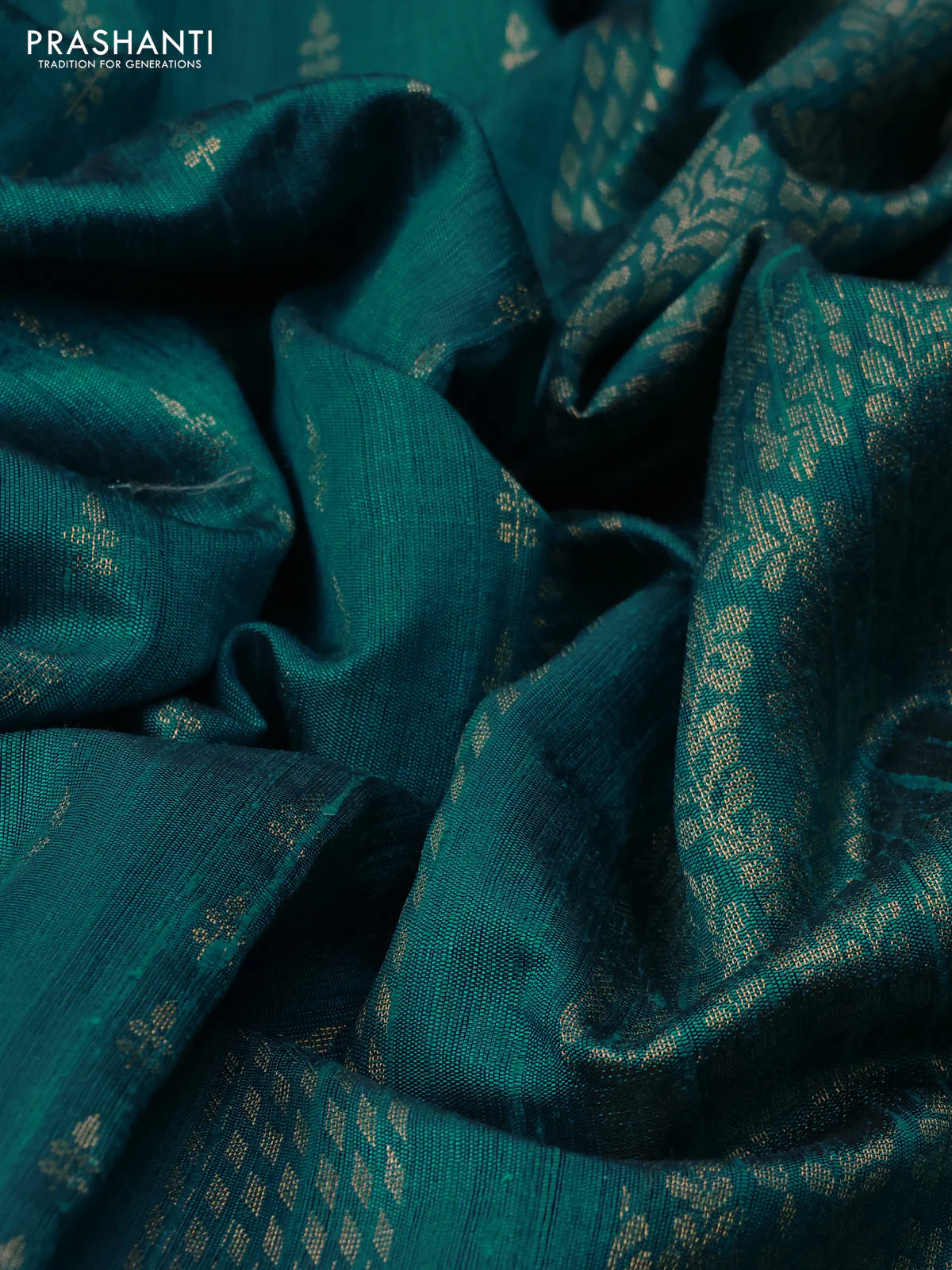 Pure dupion silk saree teal green shade with allover zari woven buttas and zari woven floral embroidery border - Image 3
