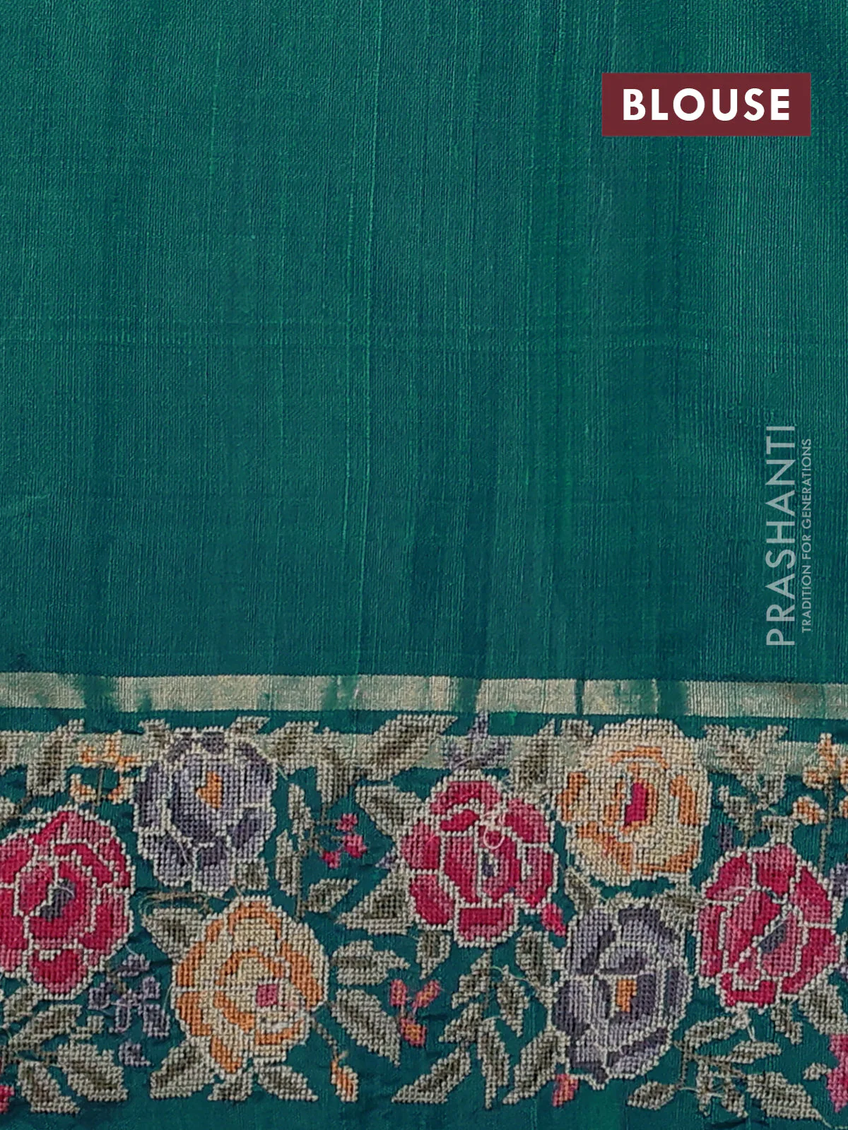 Pure dupion silk saree teal green shade with allover zari woven buttas and zari woven floral embroidery border - Image 4