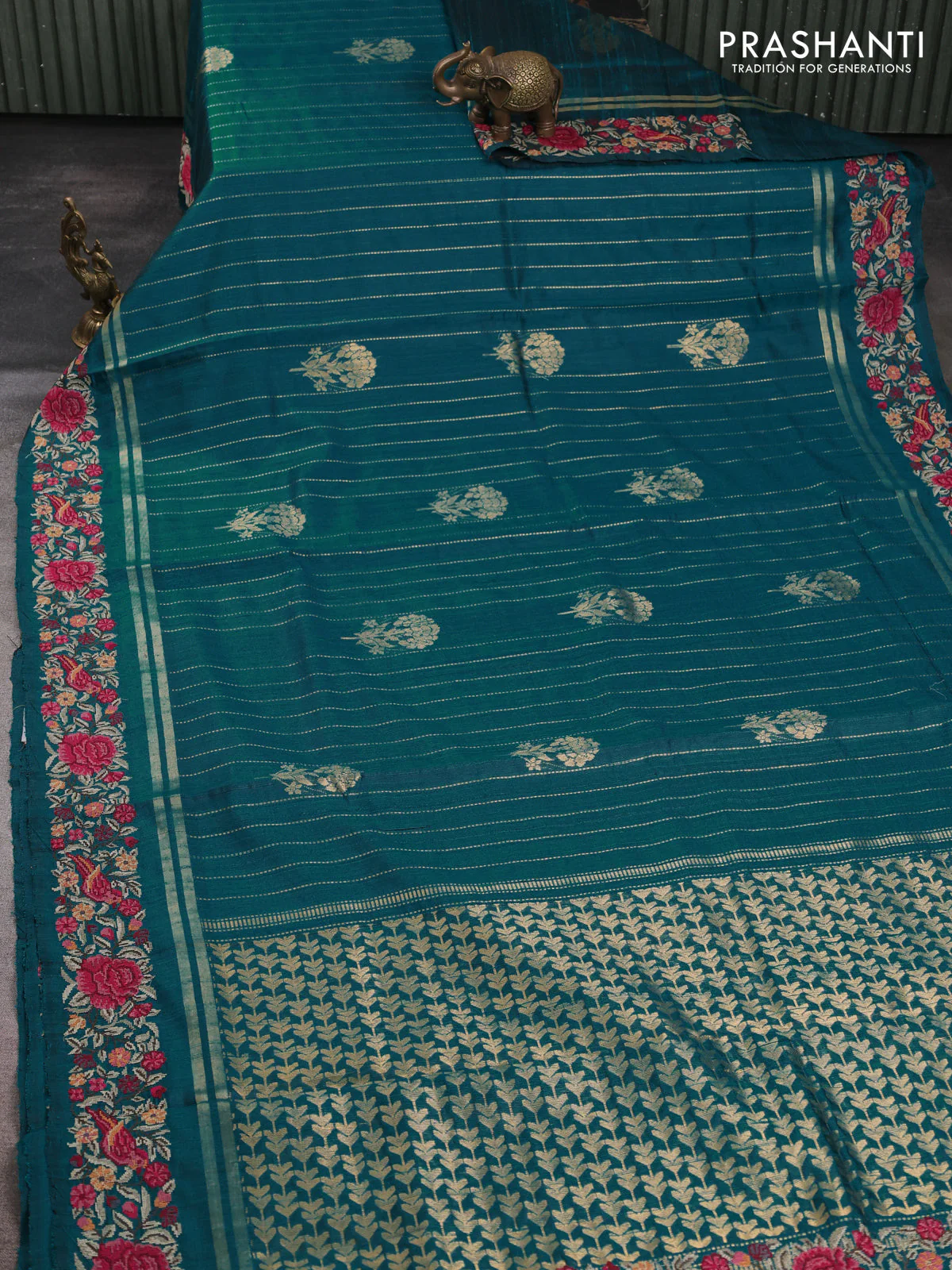 Pure dupion silk saree teal green with allover zari weaves & buttas and zari woven embroidery border - Image 2