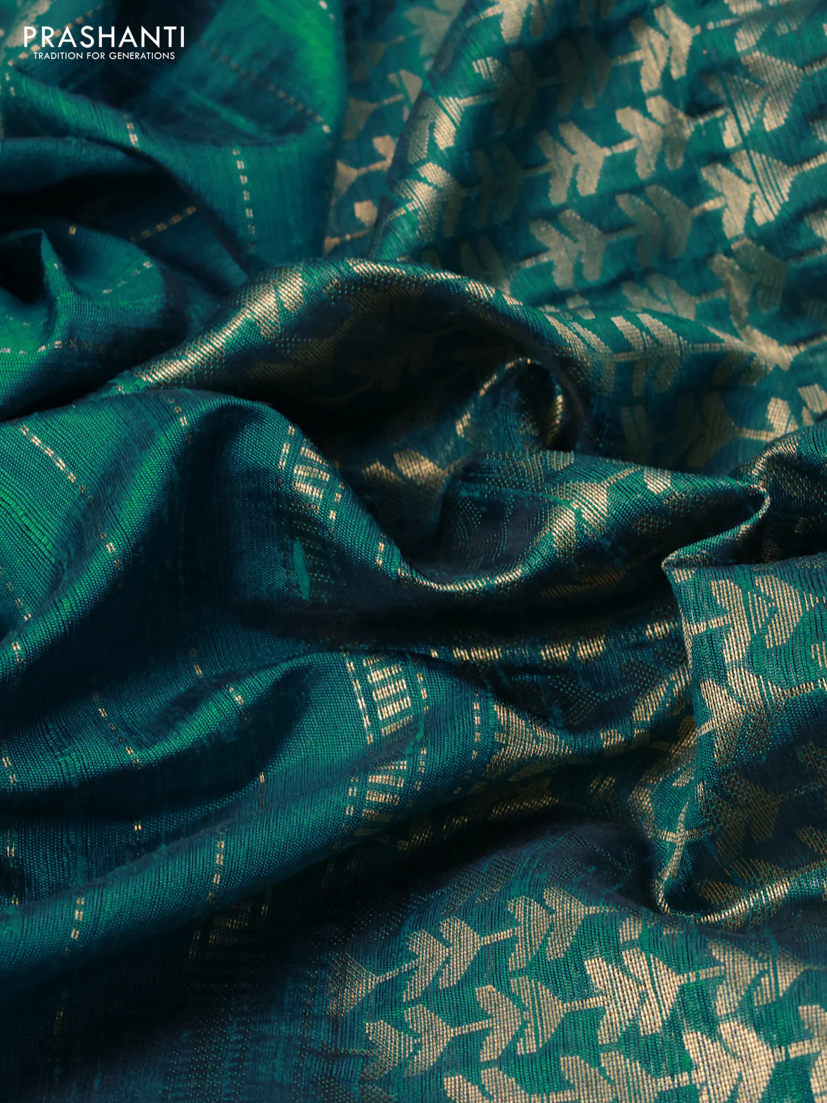Pure dupion silk saree teal green with allover zari weaves & buttas and zari woven embroidery border - Image 3