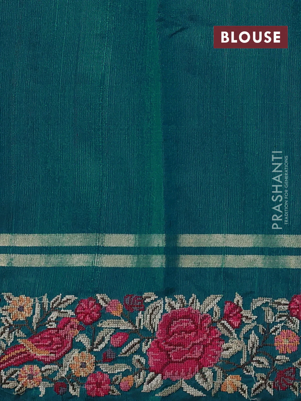 Pure dupion silk saree teal green with allover zari weaves & buttas and zari woven embroidery border - Image 4