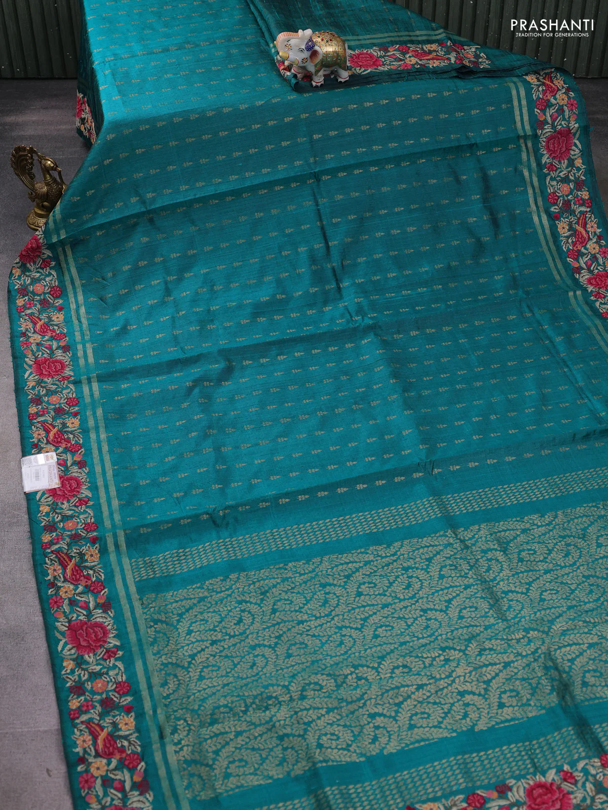 Pure dupion silk saree teal green with allover zari woven buttas and zari woven embroidery border - Image 2