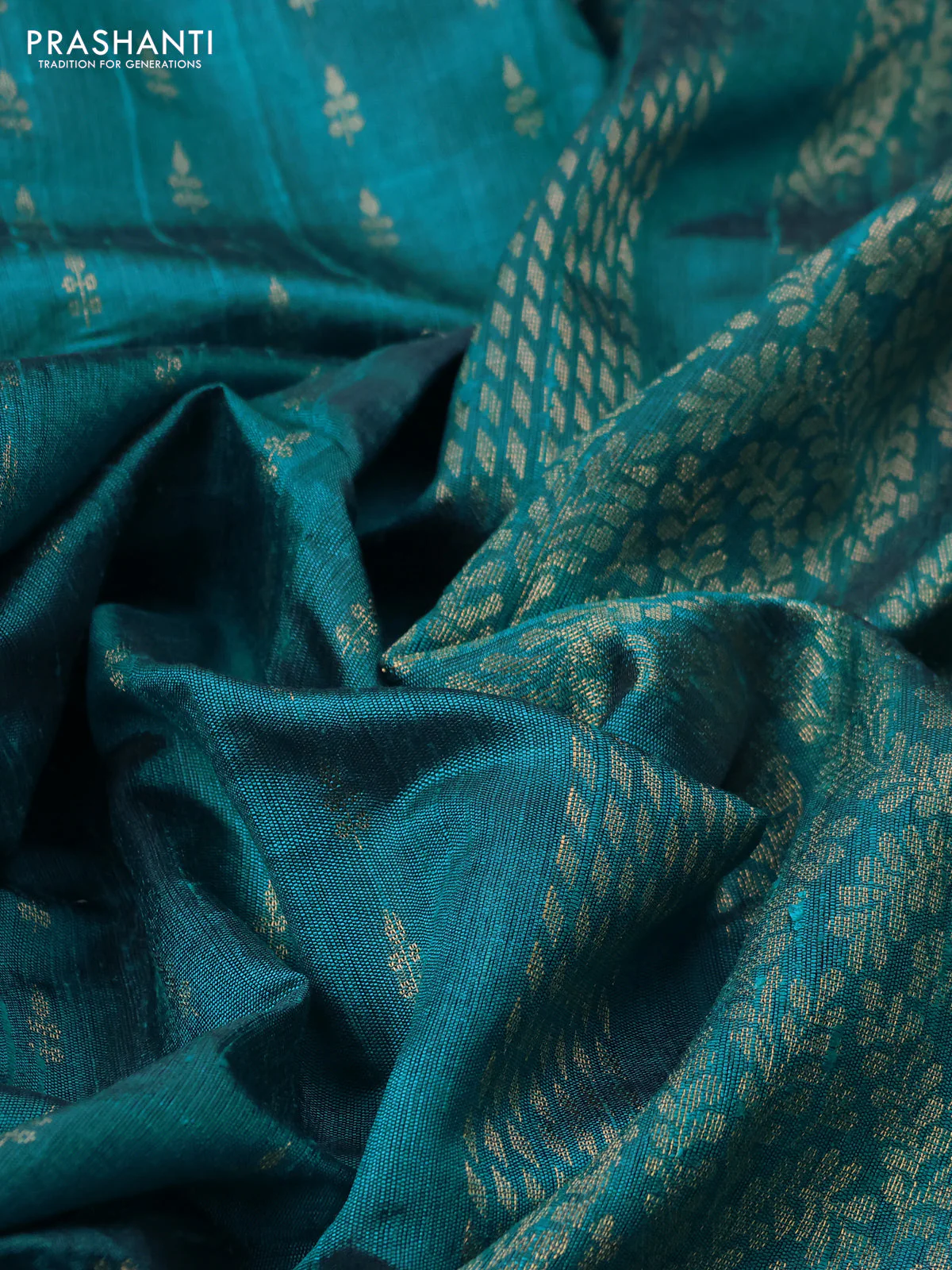 Pure dupion silk saree teal green with allover zari woven buttas and zari woven embroidery border - Image 3