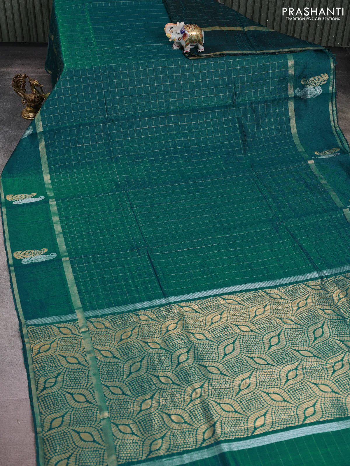 Pure dupion silk saree teal green with allover zari woven checked pattern and silver & zari paisley butta border - Image 2