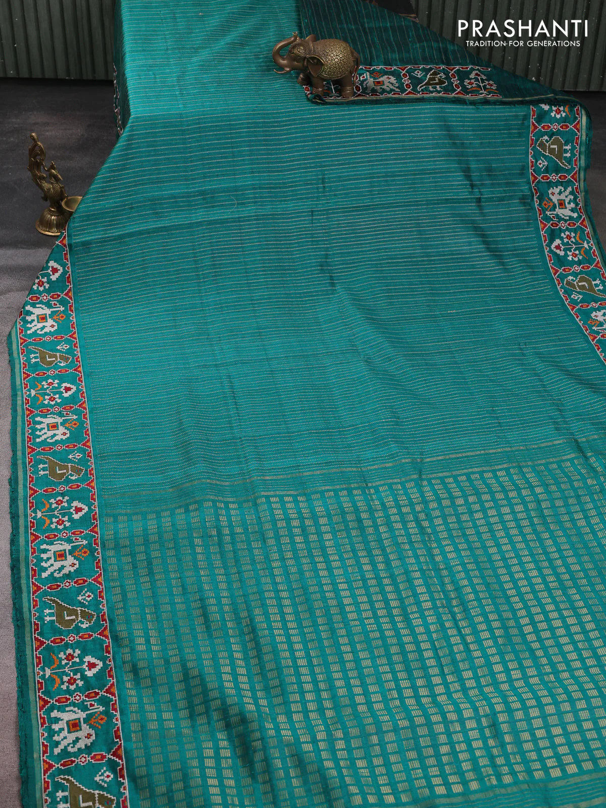 Pure dupion silk saree teal gren with allover thread & zari weaves and ikat design embroidered border - Image 2