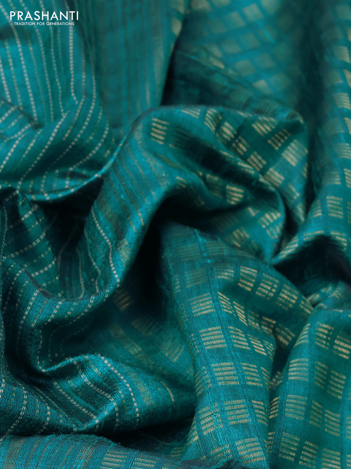 Pure dupion silk saree teal gren with allover thread & zari weaves and ikat design embroidered border - Image 3