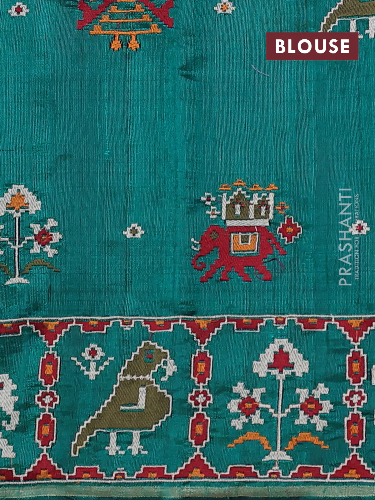 Pure dupion silk saree teal gren with allover thread & zari weaves and ikat design embroidered border - Image 4