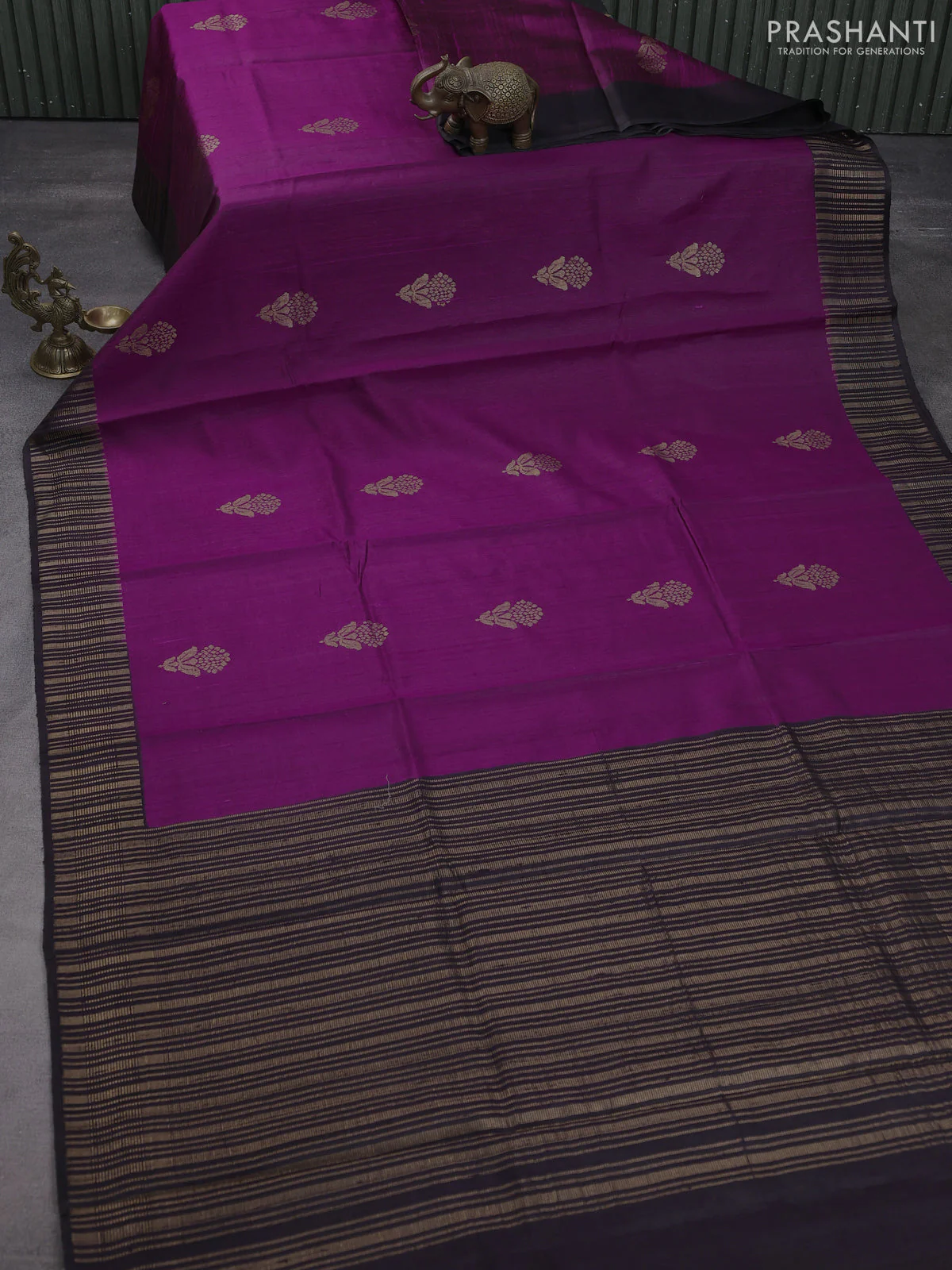 Pure dupion silk saree violet and black with floral zari woven buttas and zari woven border - Image 2