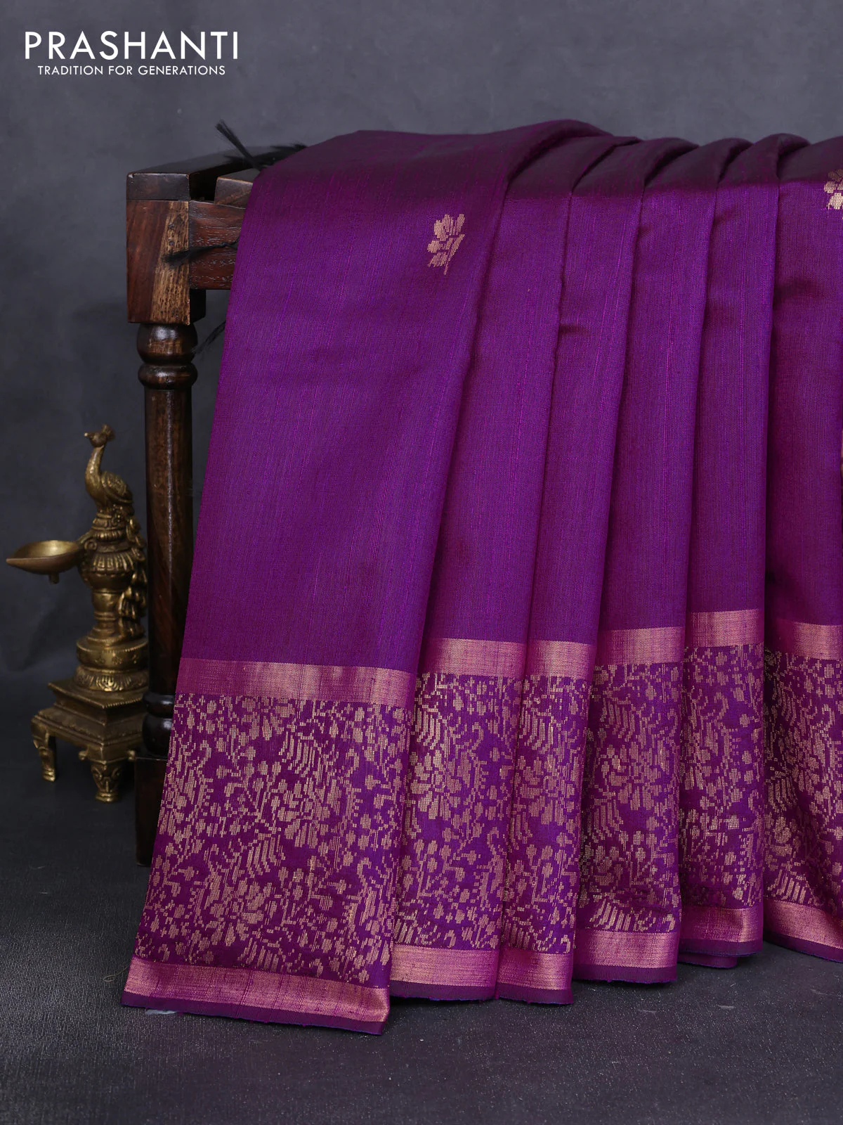 Pure dupion silk saree violet with zari woven buttas and long zari woven border