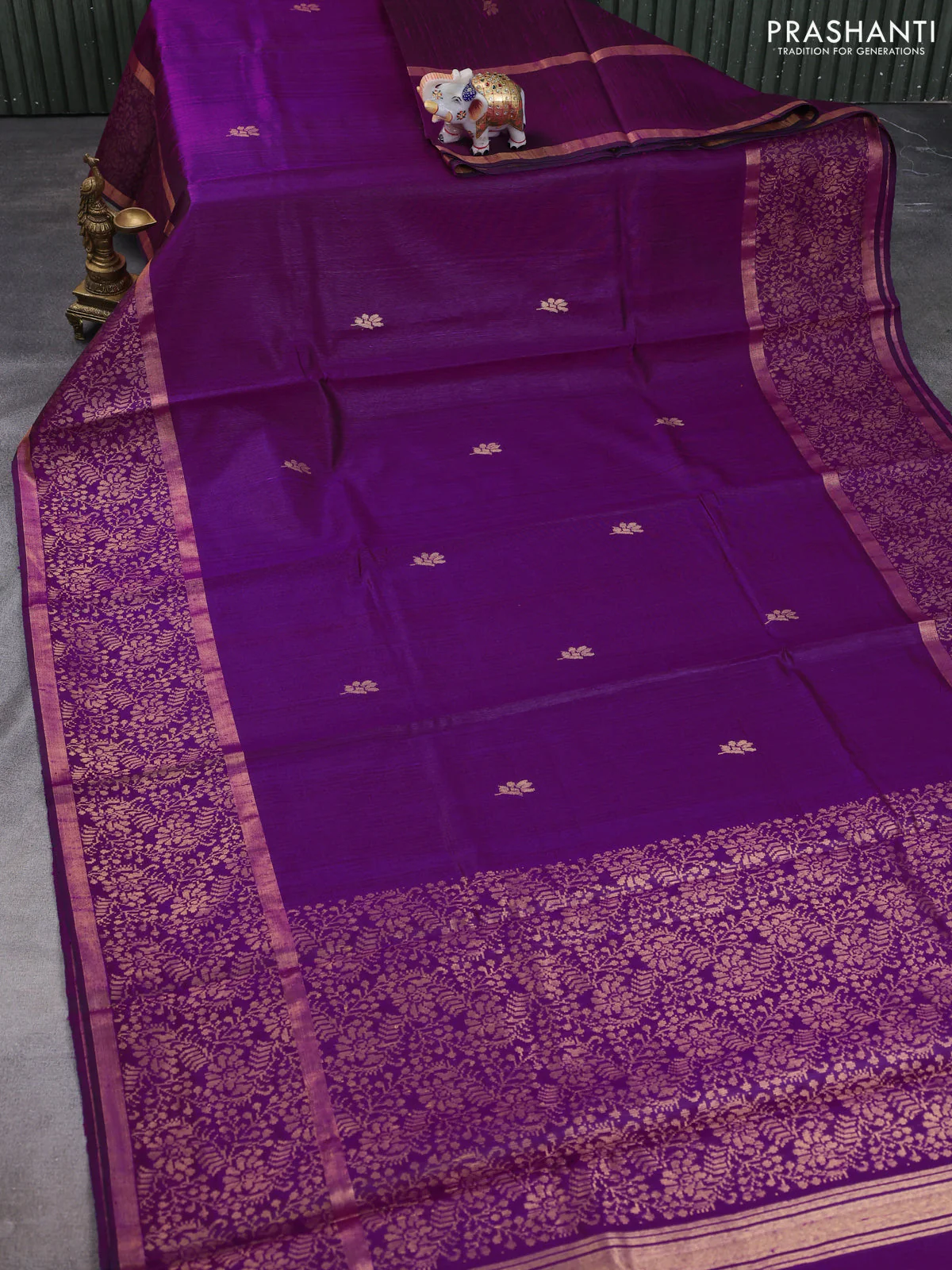 Pure dupion silk saree violet with zari woven buttas and long zari woven border - Image 2