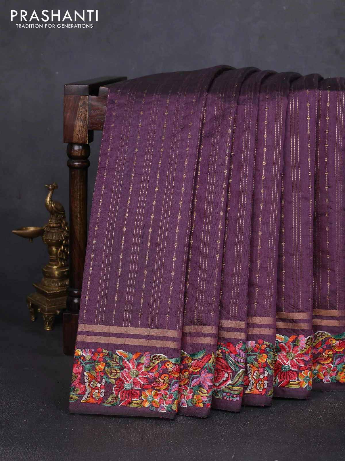 Pure dupion silk saree wine shade with allover zari weaves and zari woven embroidery border