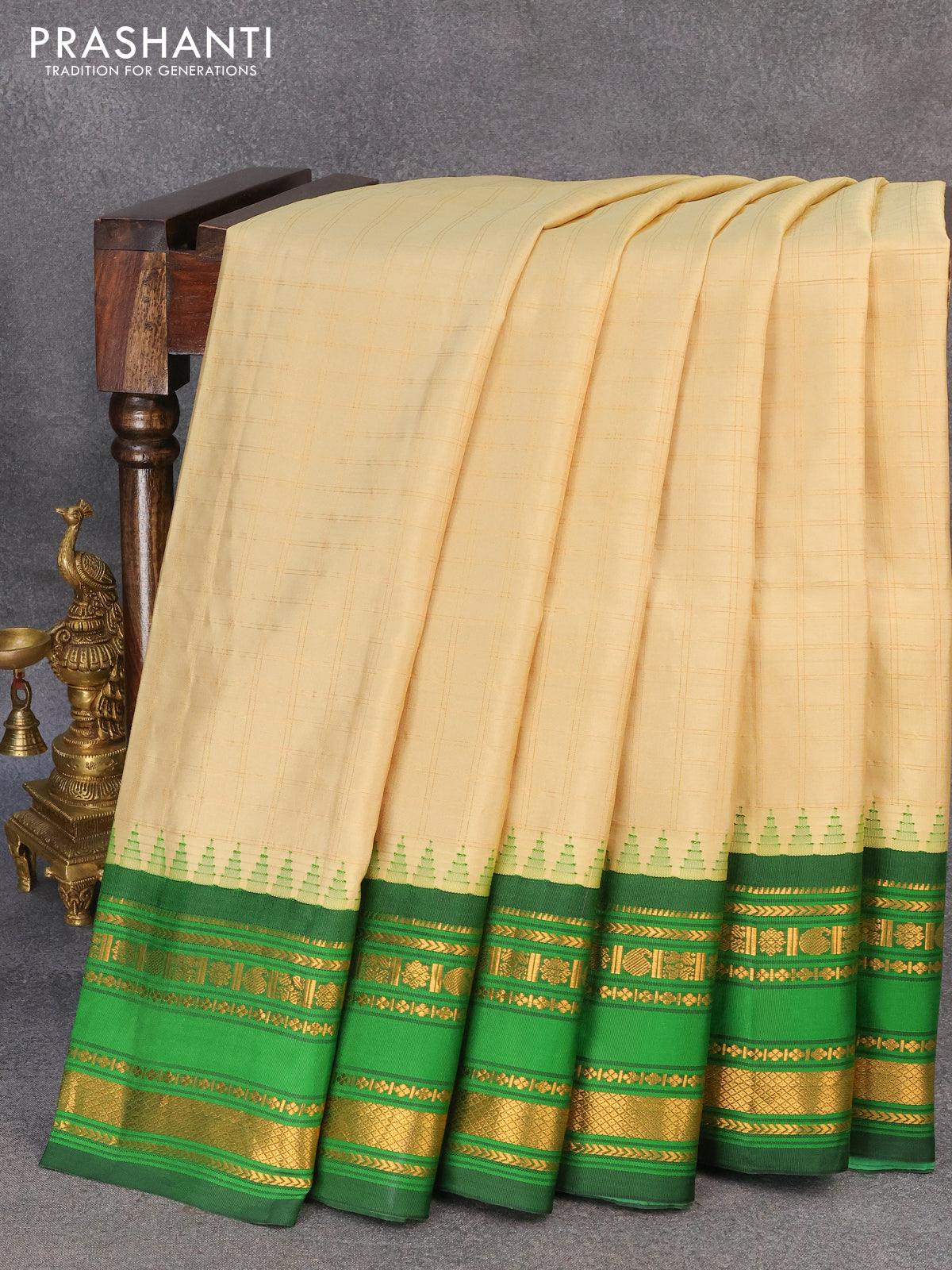 Pure gadwal silk saree beige and bottle green with allover zari checked pattern and temple design zari woven border - Image 3
