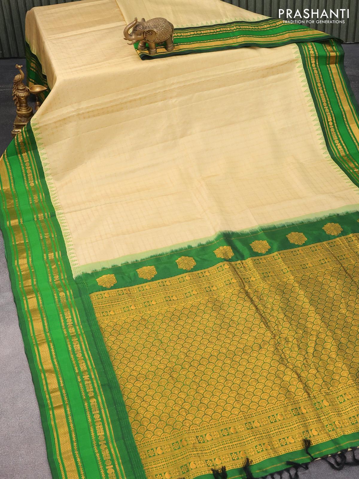Pure gadwal silk saree beige and bottle green with allover zari checked pattern and temple design zari woven border - Image 4