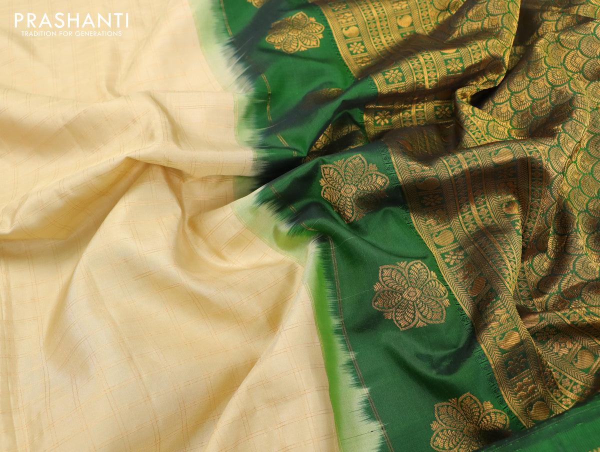 Pure gadwal silk saree beige and bottle green with allover zari checked pattern and temple design zari woven border - Image 5