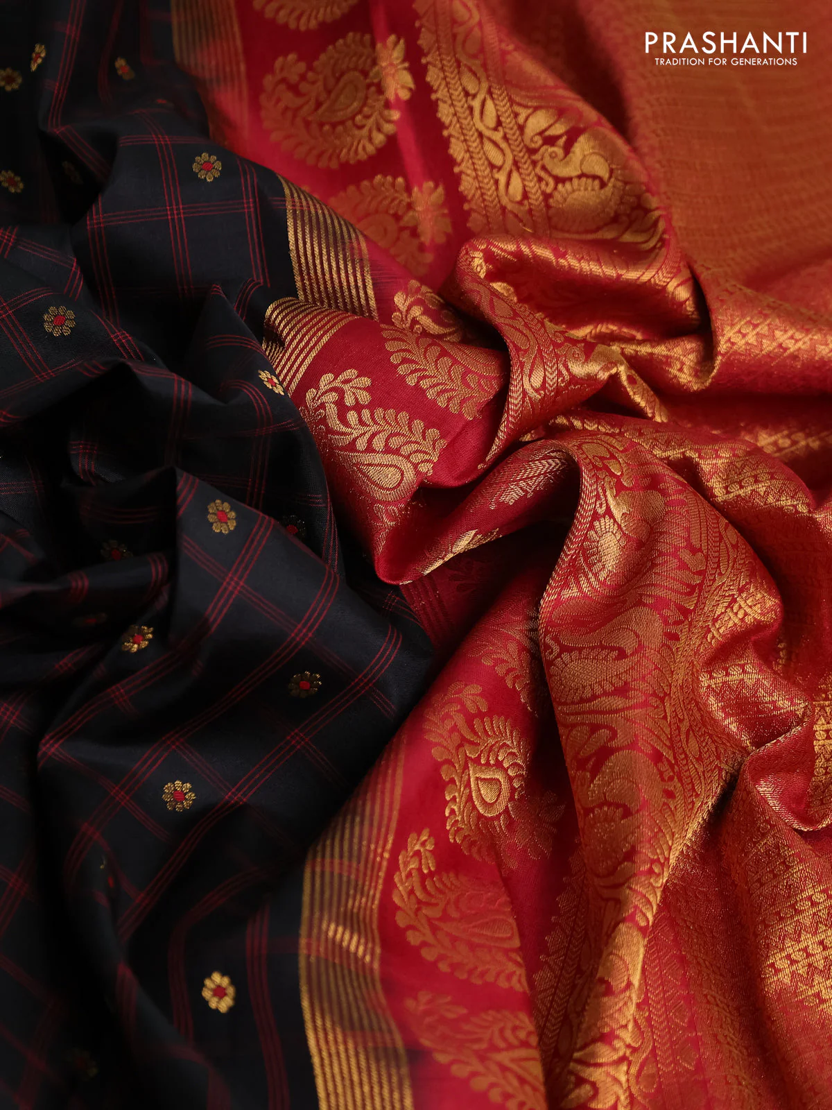 Pure gadwal silk saree black and red with allover checks & zari buttas and temple design zari woven border - Image 3
