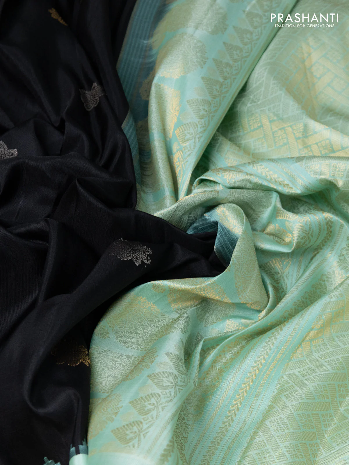 Pure gadwal silk saree black and teal green shade with silver & gold zari woven buttas and temple design zari woven border - Image 3
