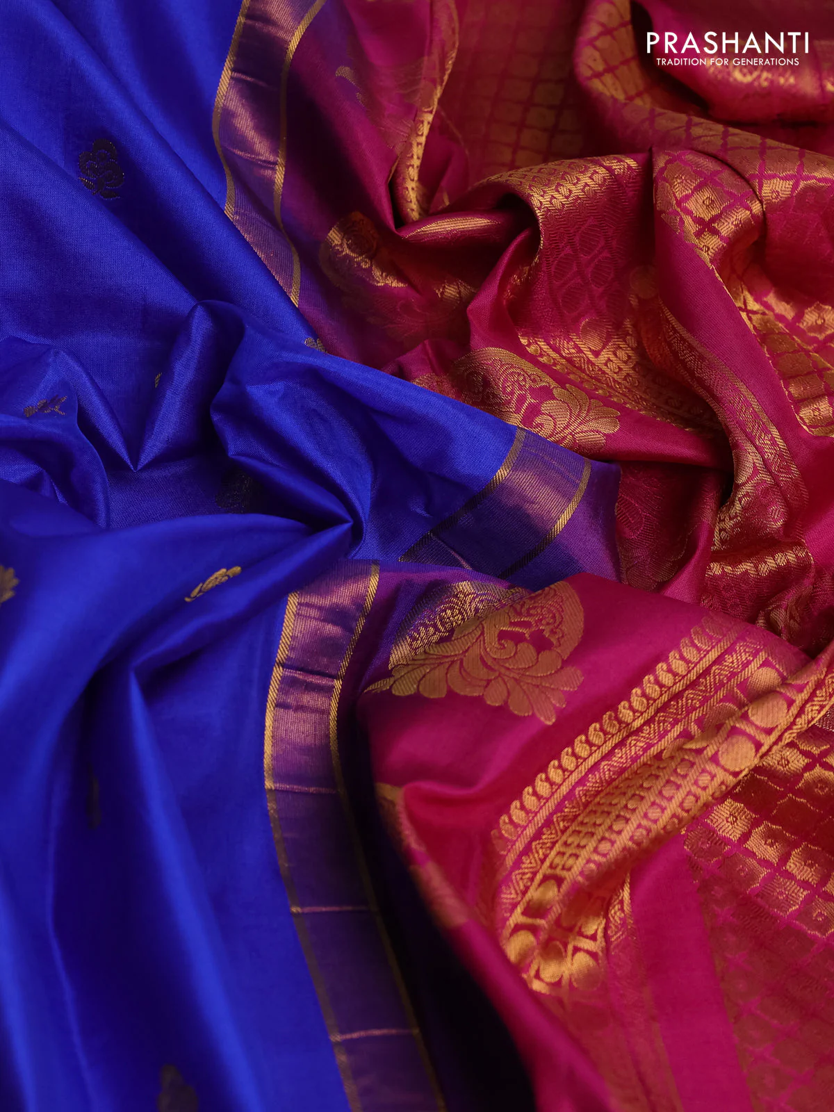 Pure gadwal silk saree blue and pink with zari woven buttas and temple design zari woven border - Image 3