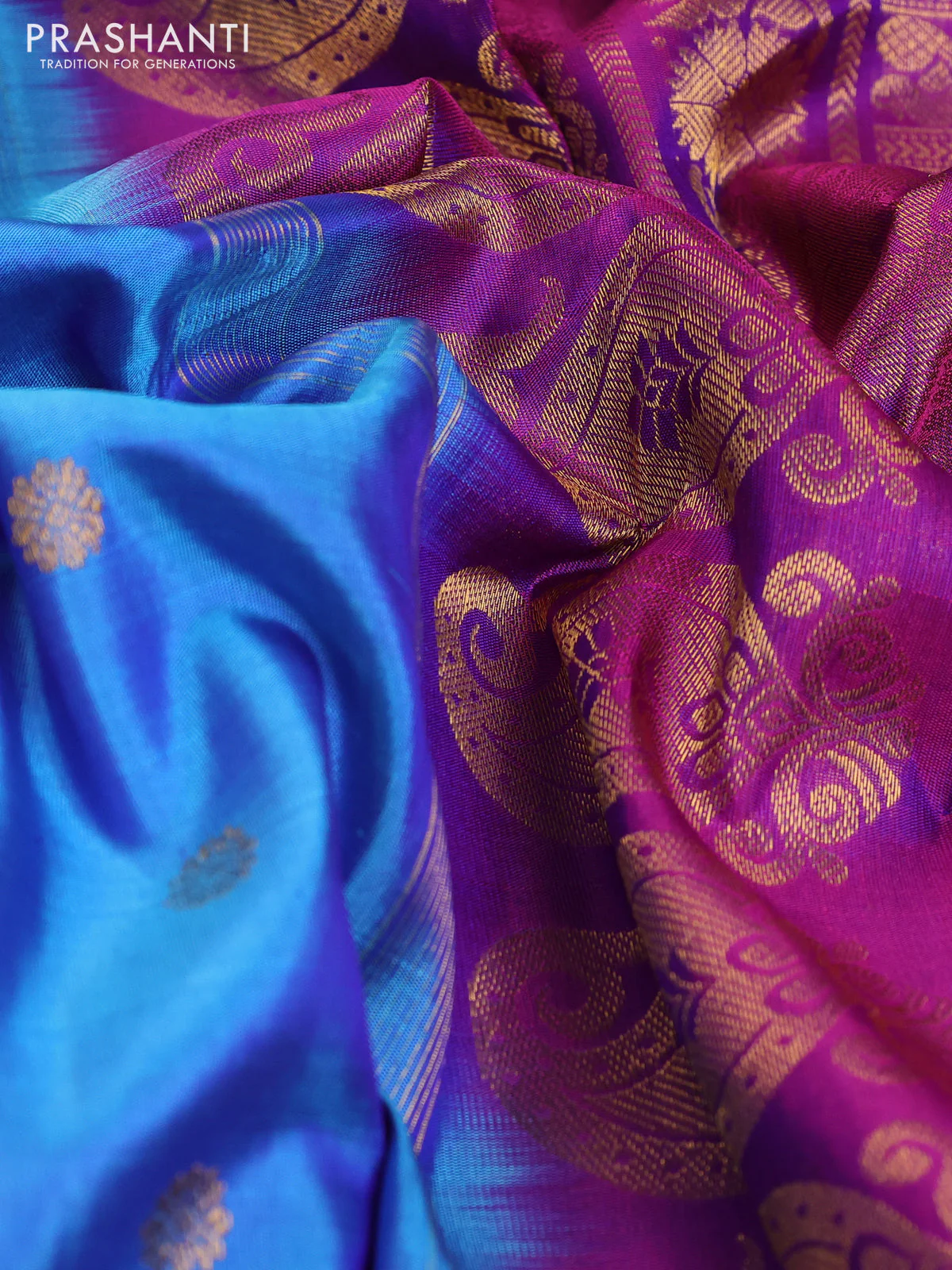 Pure gadwal silk saree blue and purple with zari woven buttas and long rich zari woven border - Image 3
