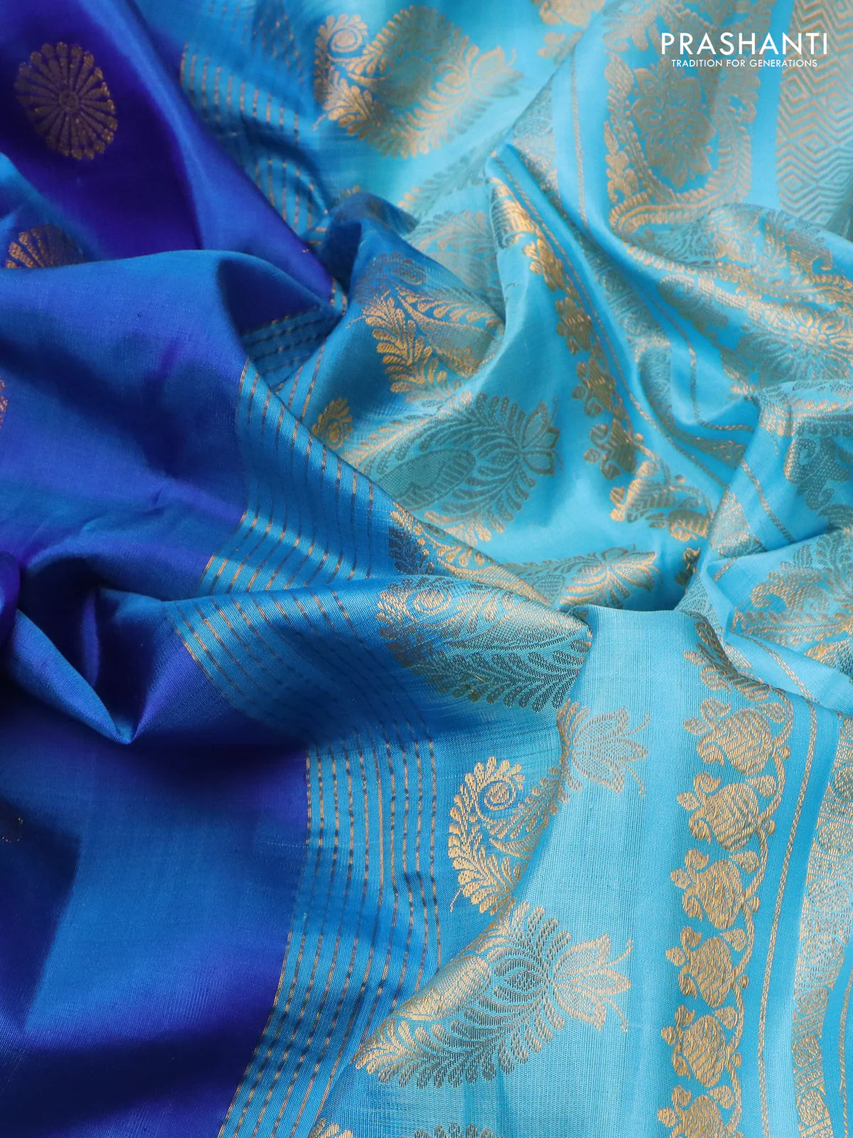 Pure gadwal silk saree blue and teal blue with zari woven buttas and temple design zari woven border - Image 3