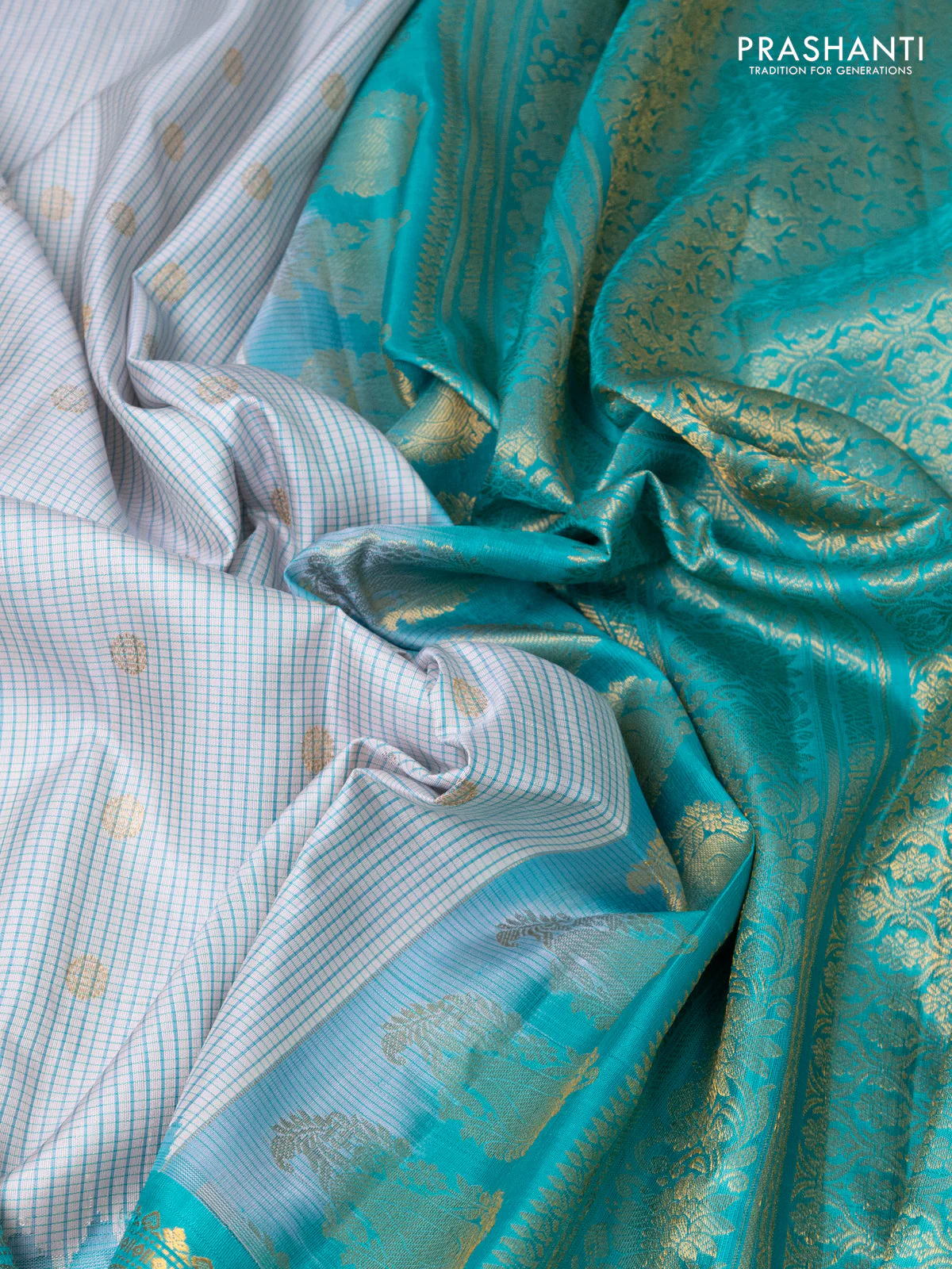 Pure gadwal silk saree cream and teal blue with allover small checks & zari buttas and temple design zari woven border - Image 3