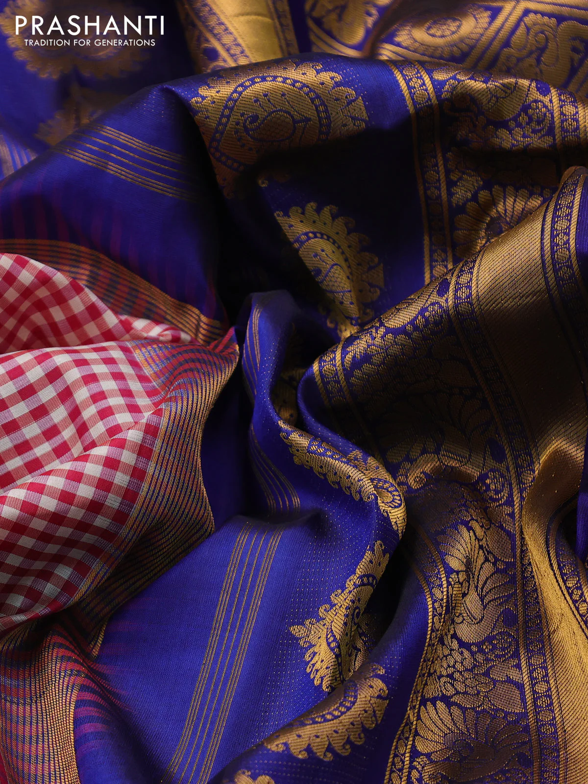 Pure gadwal silk saree cream maroon and blue with allover checks & zari buttas and temple design zari woven border - Image 3