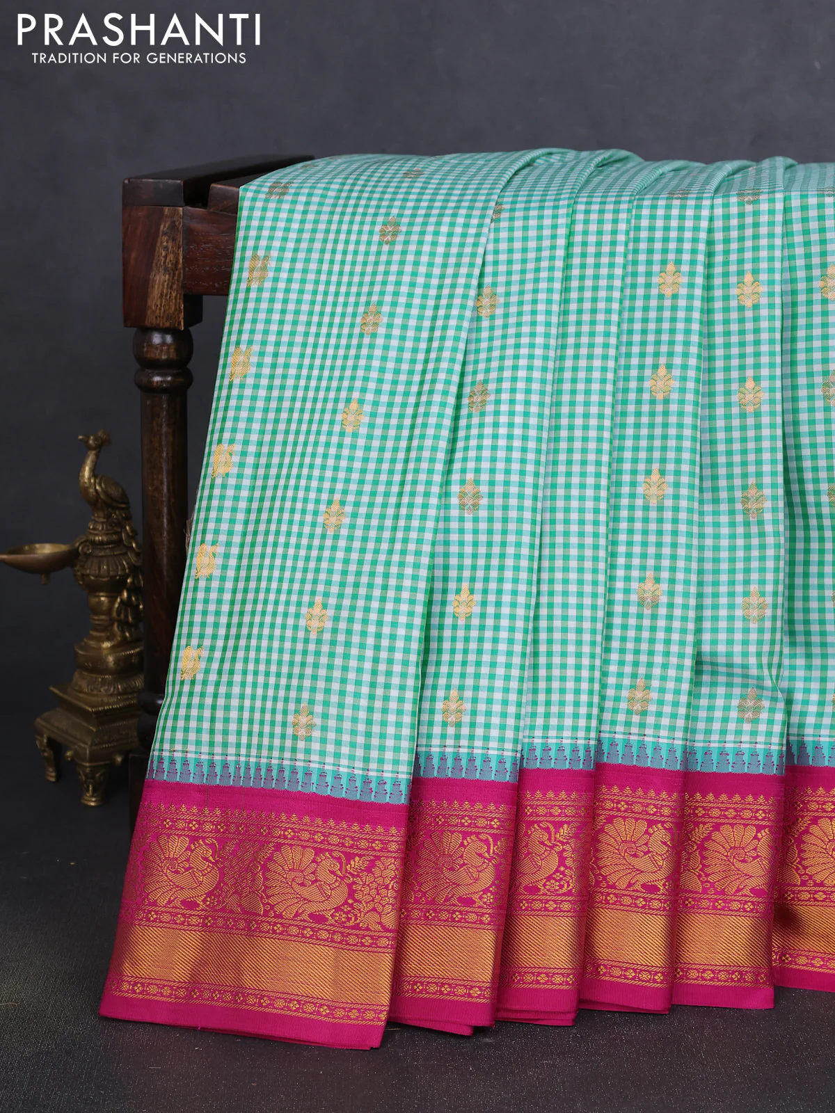 Pure gadwal silk saree cream teal green and magenta pink with allover checks & zari buttas and temple design zari woven border