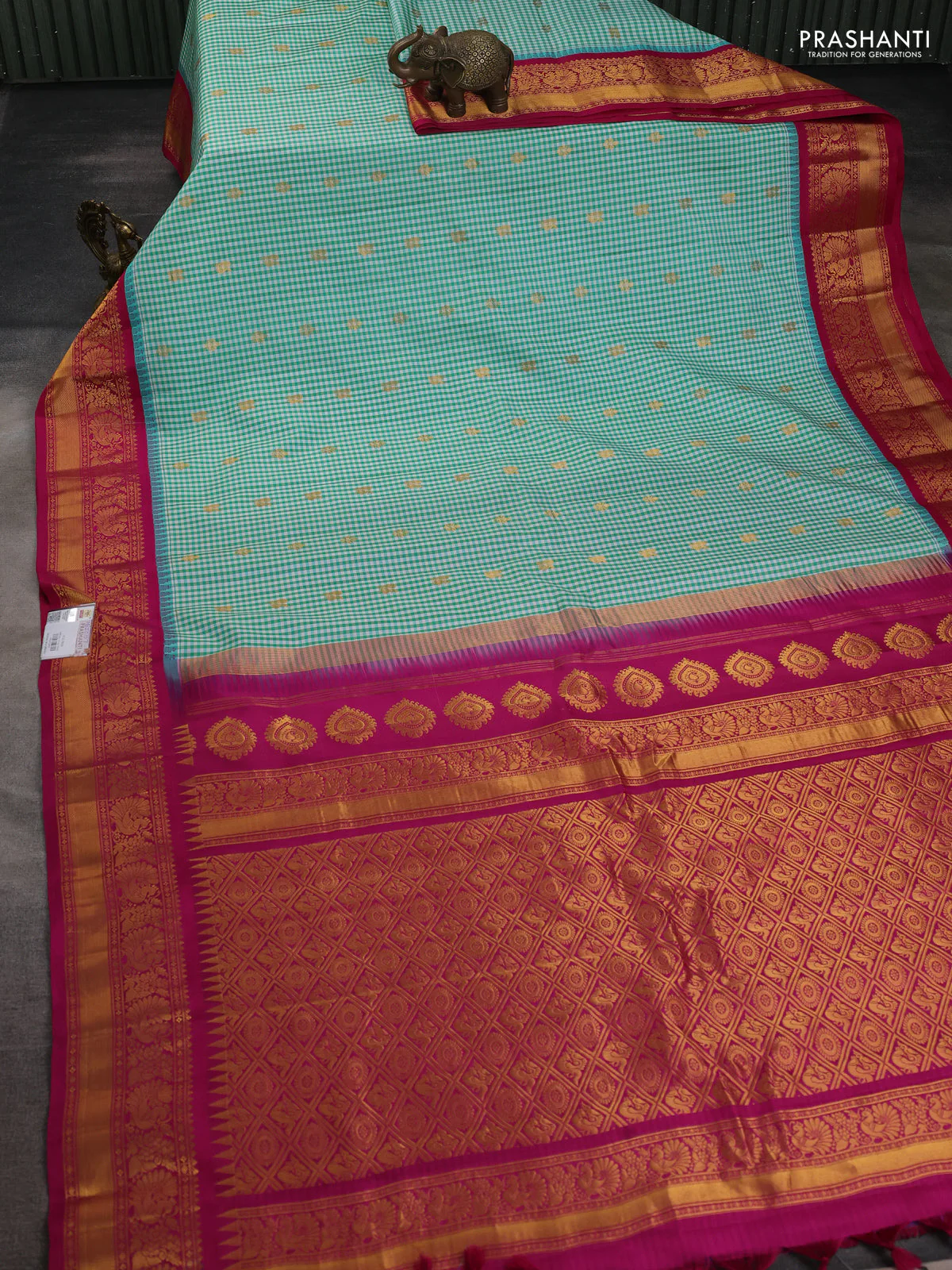 Pure gadwal silk saree cream teal green and magenta pink with allover checks & zari buttas and temple design zari woven border - Image 2