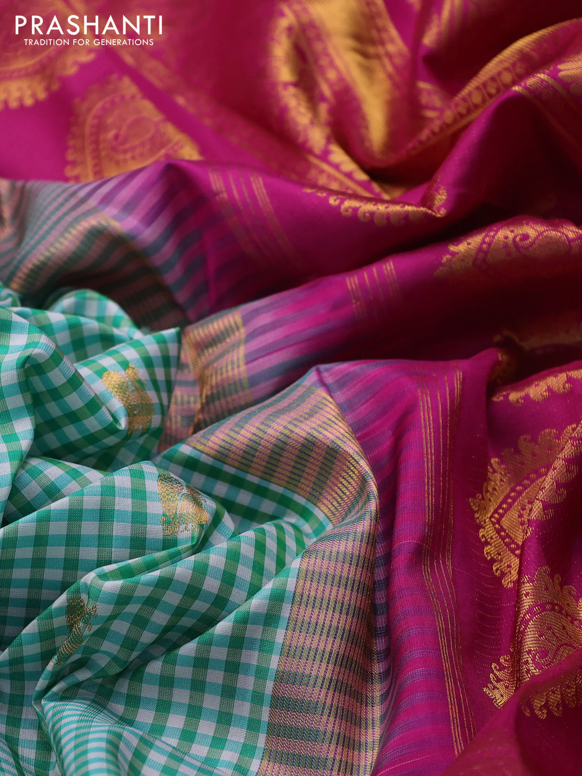 Pure gadwal silk saree cream teal green and magenta pink with allover checks & zari buttas and temple design zari woven border - Image 3