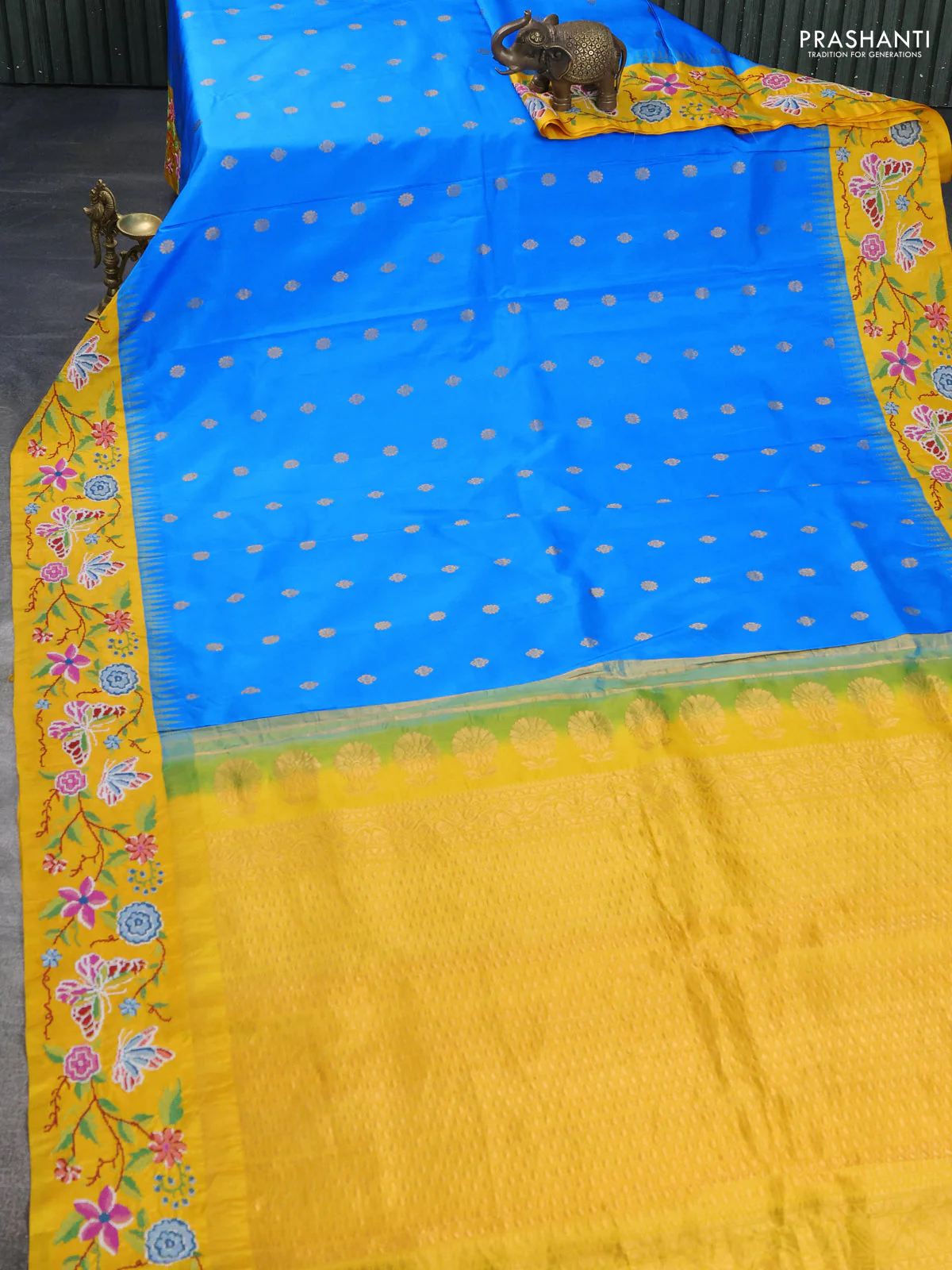 Pure gadwal silk saree cs blue and mango yellow with zari woven buttas and temple design convent embroidery border - Image 2