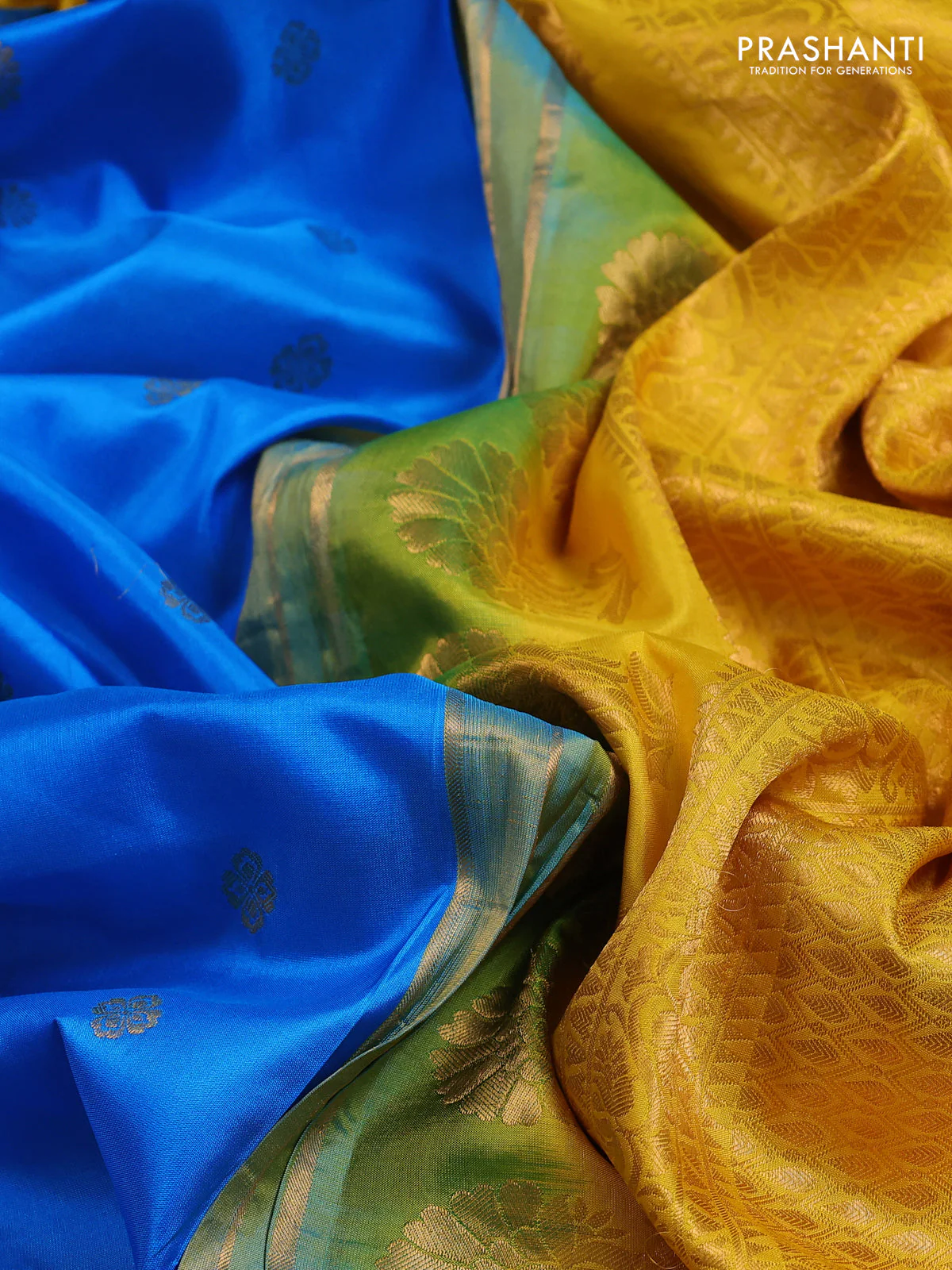 Pure gadwal silk saree cs blue and mango yellow with zari woven buttas and temple design convent embroidery border - Image 3