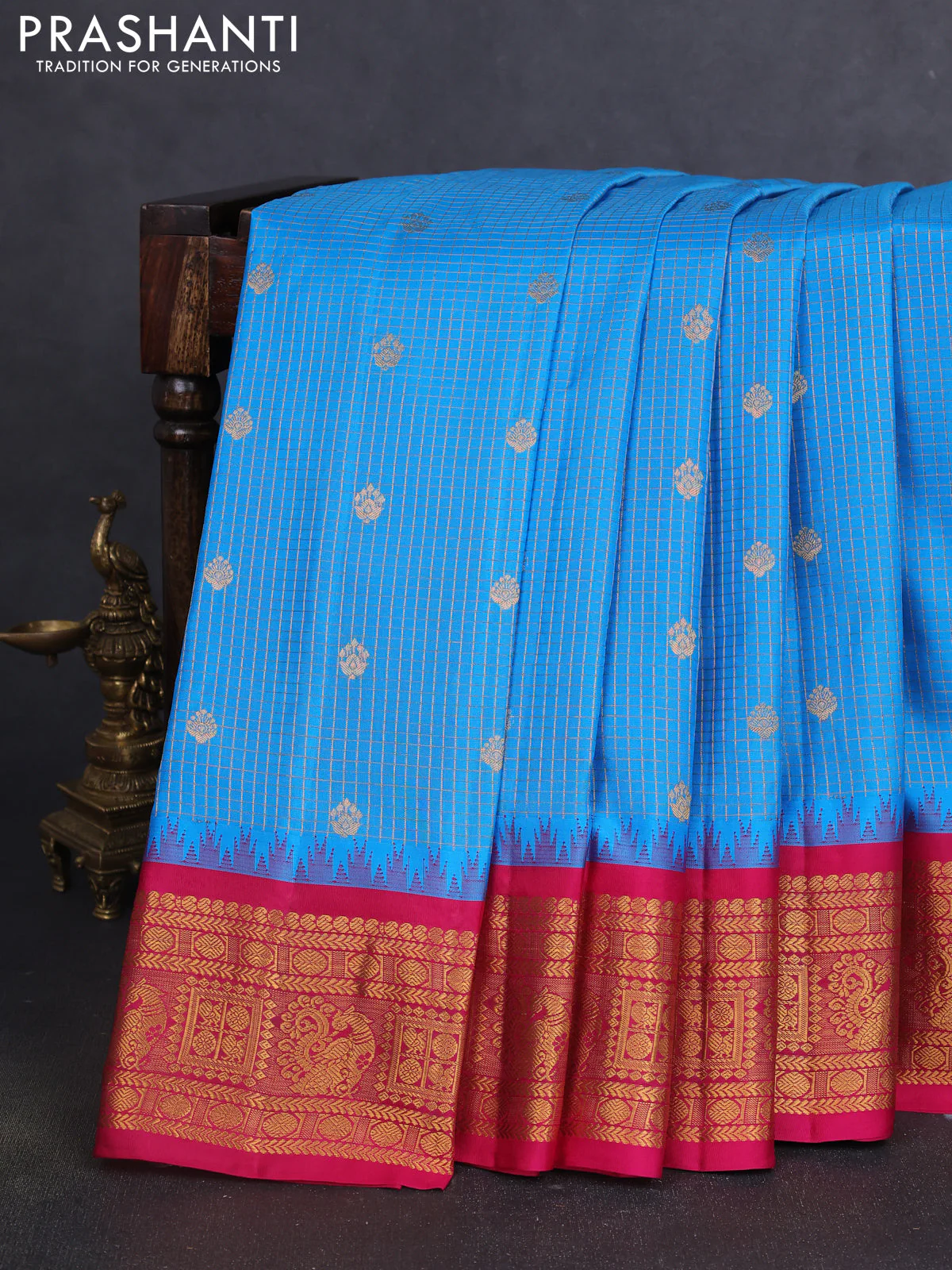 Pure gadwal silk saree cs blue and pink with allover zari checks & buttas and temple design zari woven border
