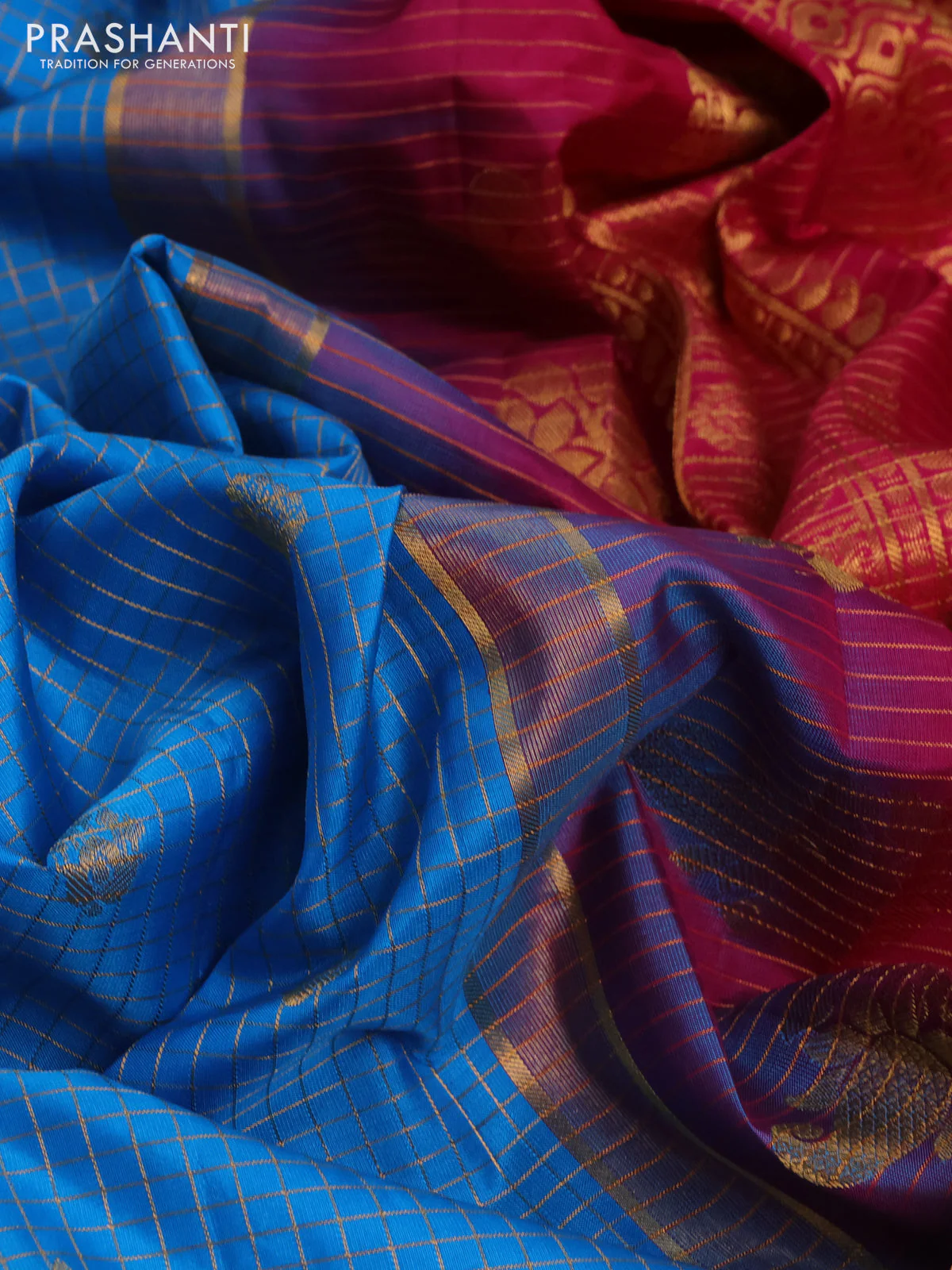 Pure gadwal silk saree cs blue and pink with allover zari checks & buttas and temple design zari woven border - Image 3