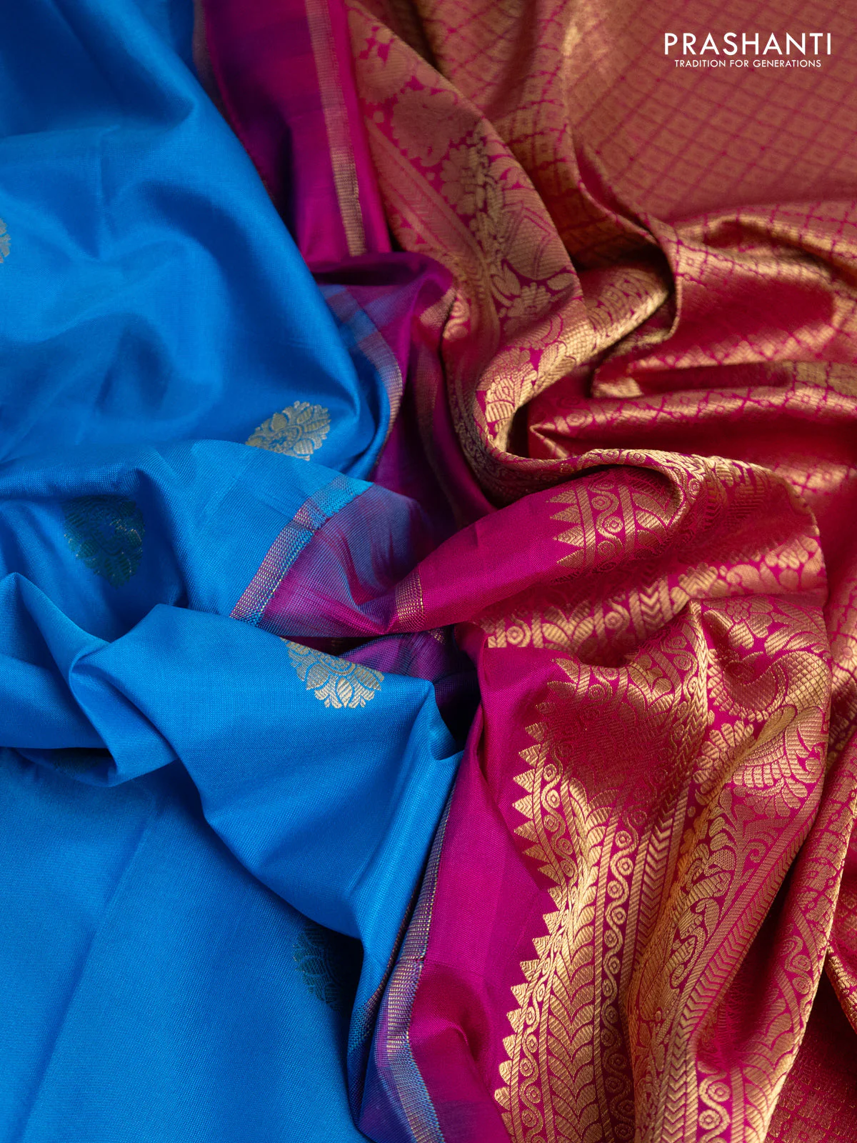 Pure gadwal silk saree cs blue and pink with zari woven buttas and temple design rettapet zari woven border - Image 3