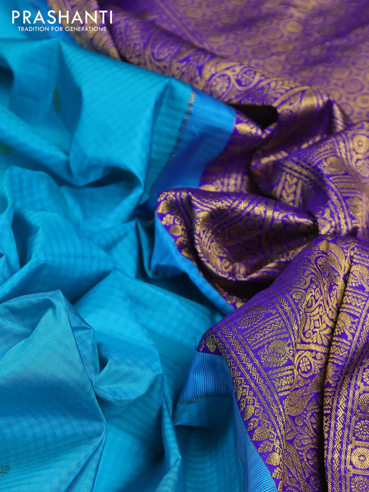Pure gadwal silk saree cs blue and violet with zari woven buttas and annam zari woven border - Image 3