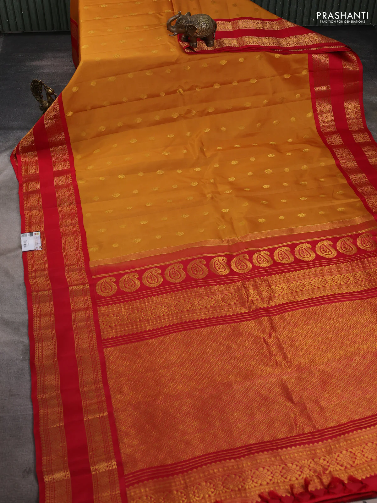 Pure gadwal silk saree dark mustard and red with zari woven buttas and rettapet zari woven border - Image 2