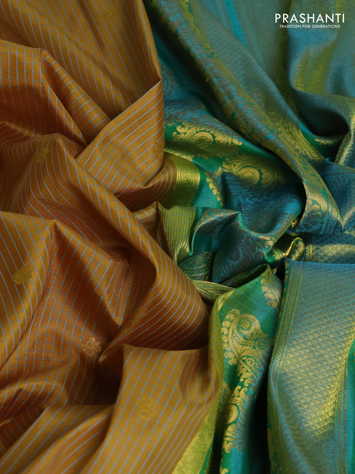 Pure gadwal silk saree dark mustard and teal green with allover checks & zari buttas and temple design zari woven border - Image 3